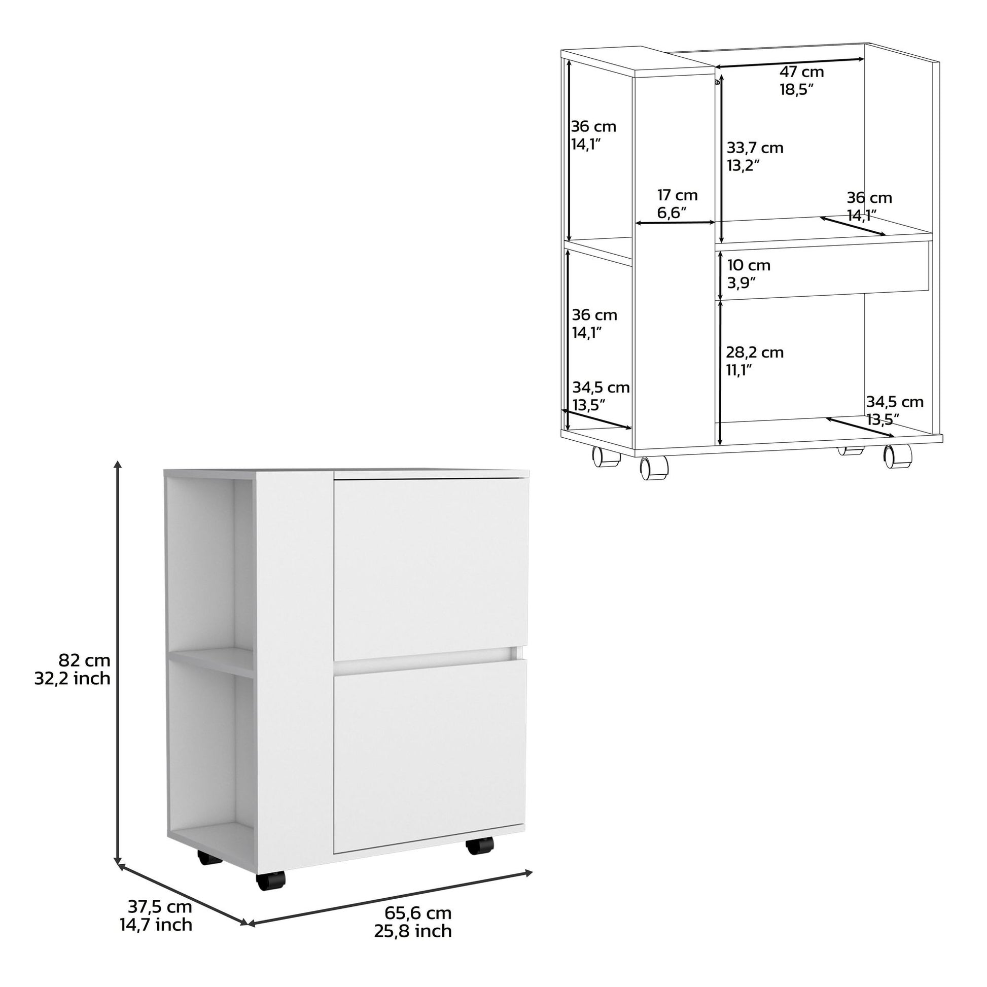 Bar Cart Two Pull-Down Door Cabinets and Two Open Shelves,White image 7