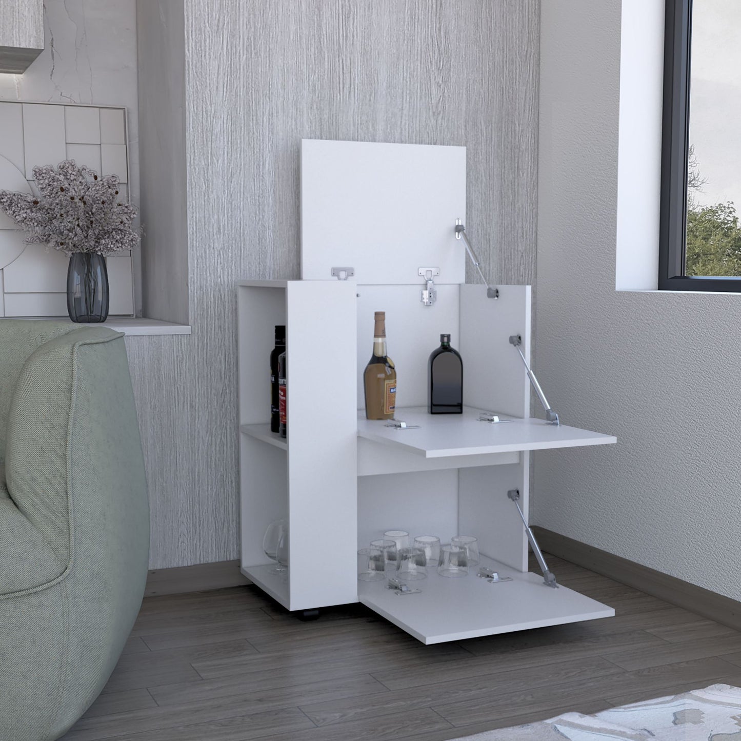 Bar Cart Two Pull-Down Door Cabinets and Two Open Shelves,White image 3
