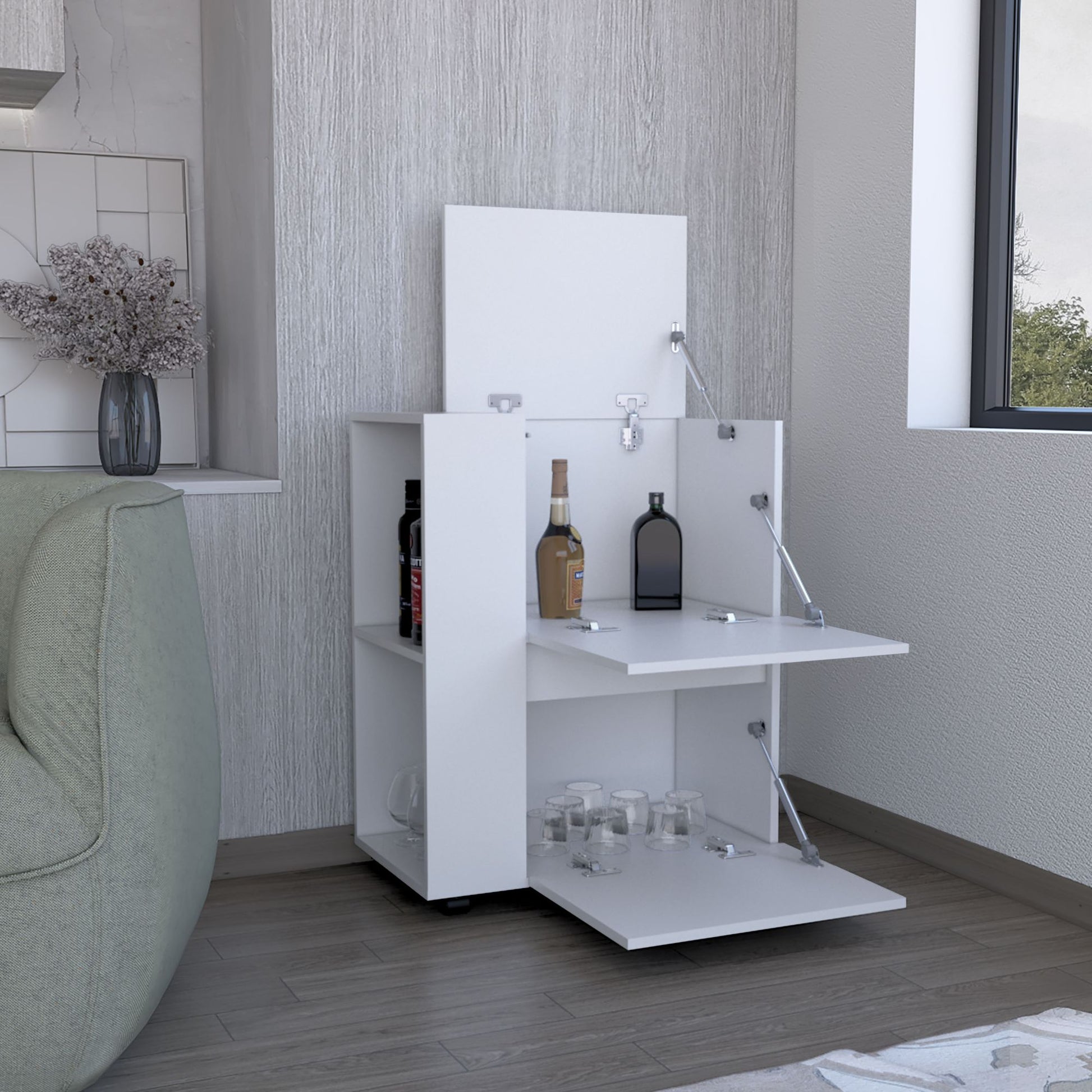 Bar Cart Two Pull-Down Door Cabinets and Two Open Shelves,White image 3