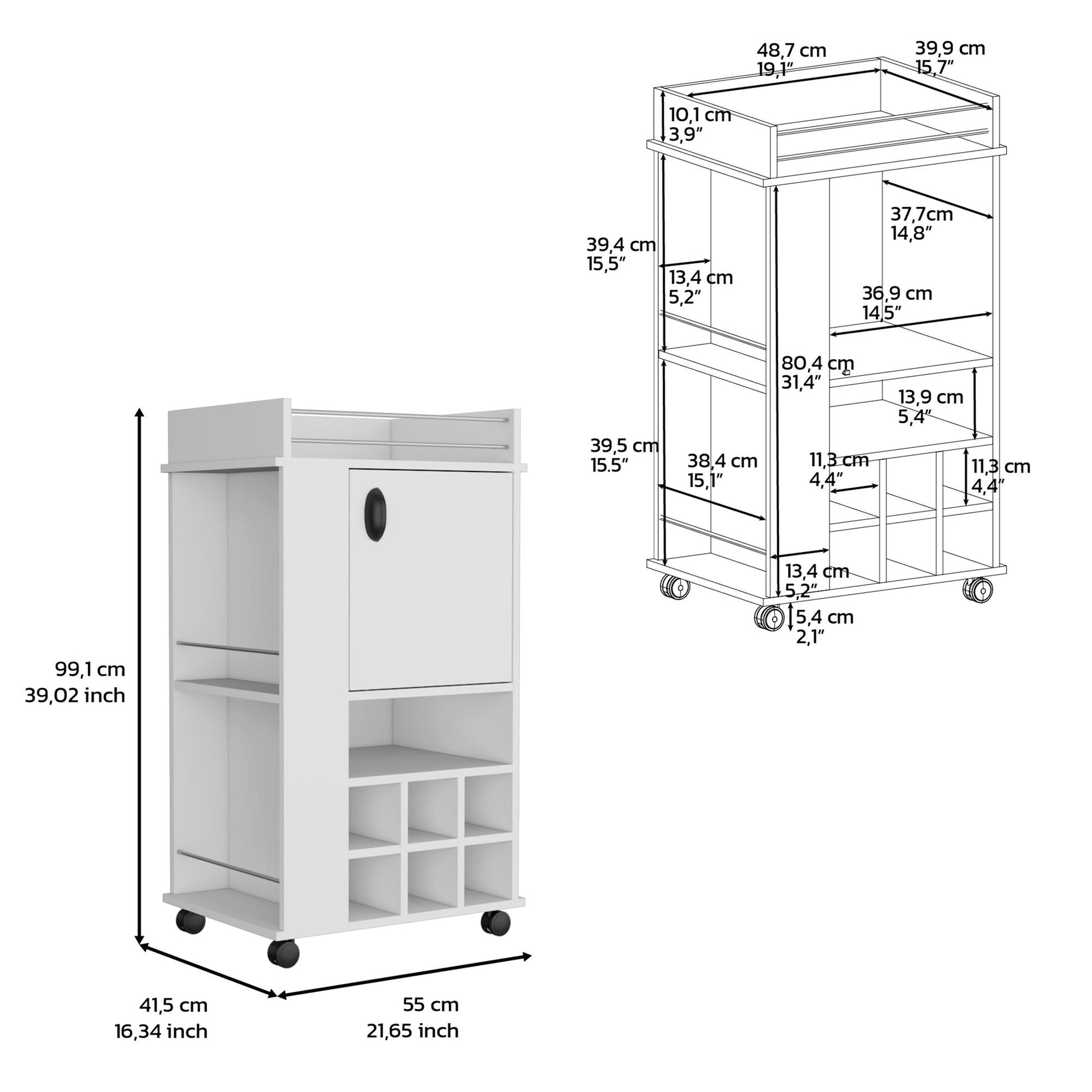 Bar Cart with 6 Built-in Wine Rack and Casters, White image 5