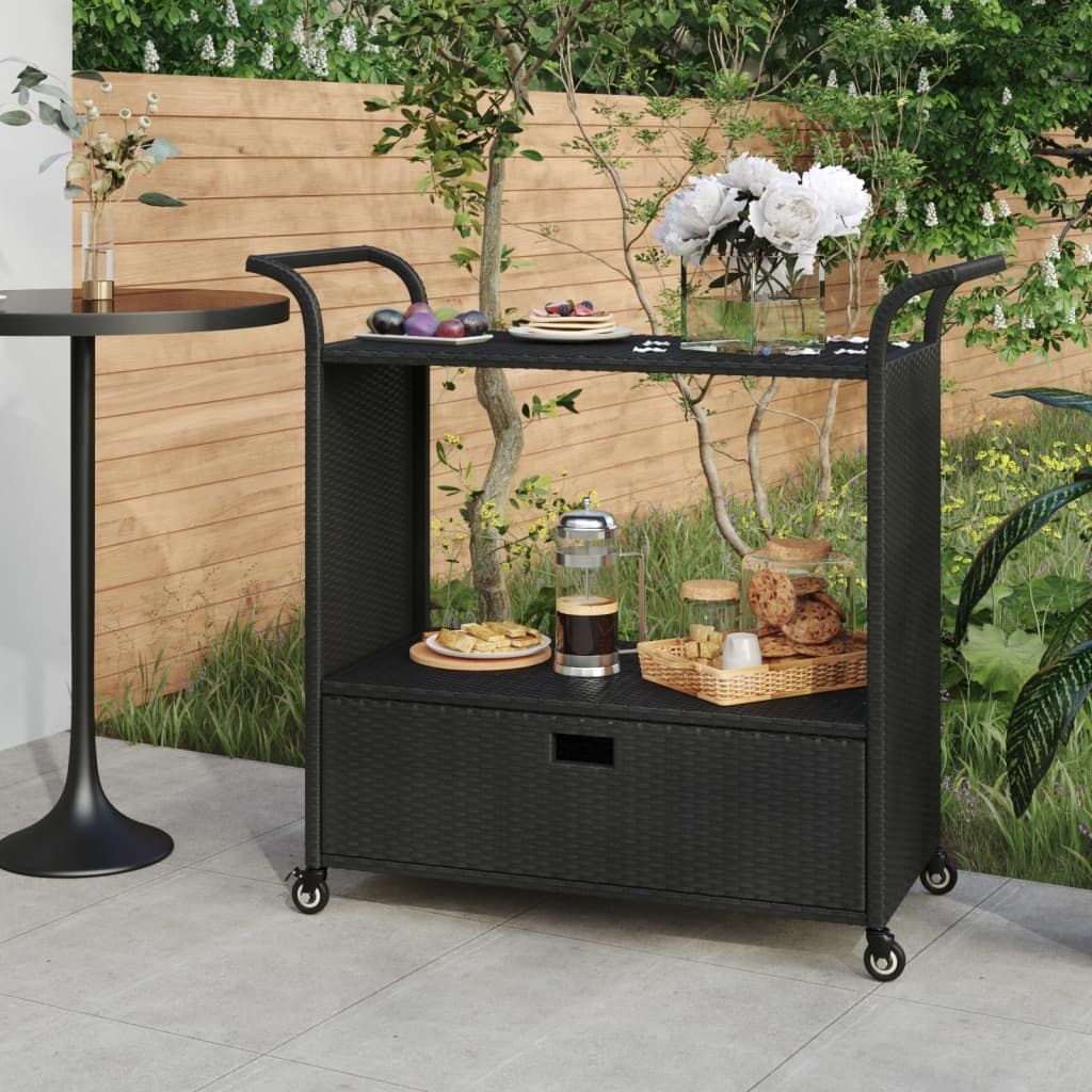 Bar Cart with Drawer Black 39.4"x17.7"x38.2" Poly Rattan image 1