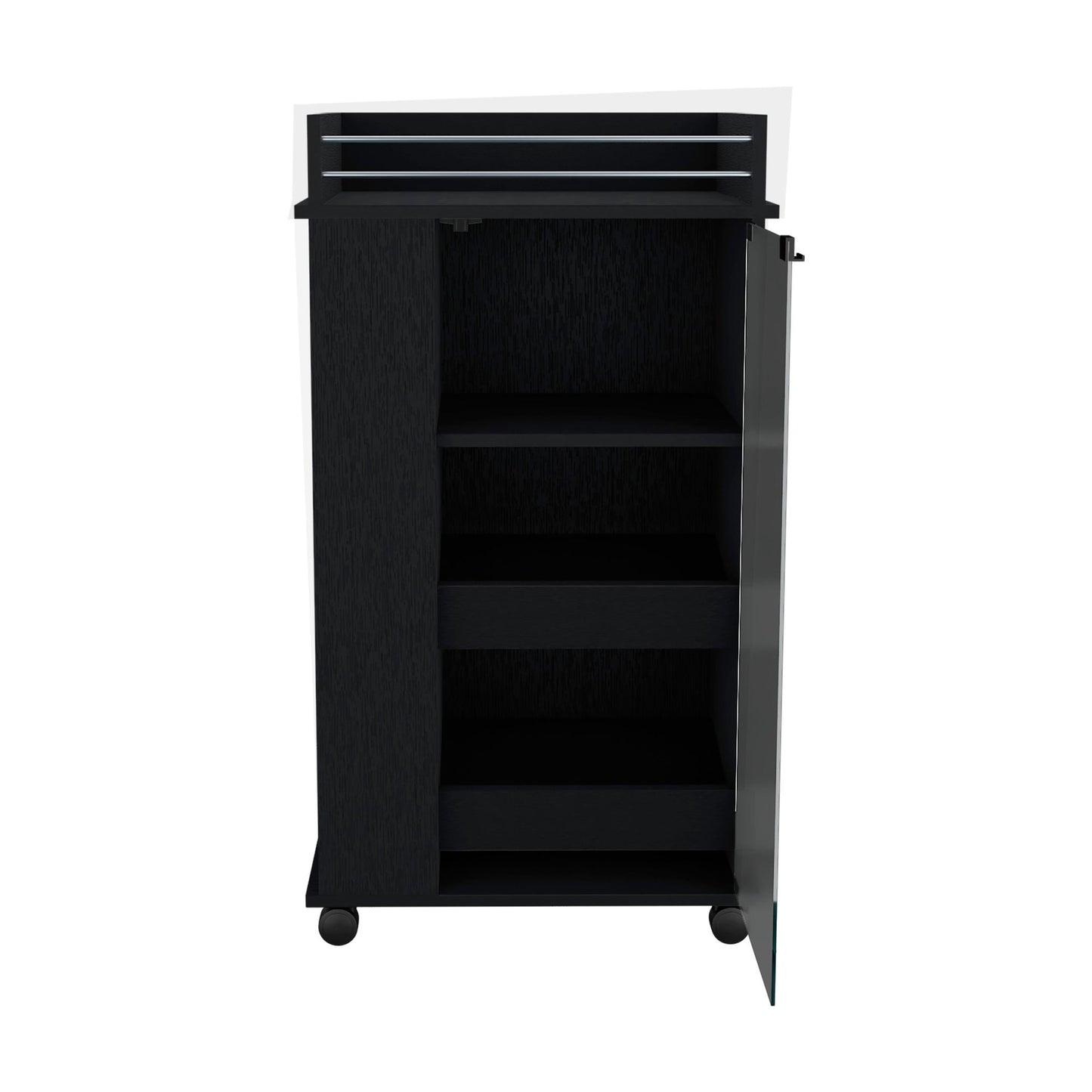Bar Cart with Glass Door, 2-Side Shelves and Casters, Black image 3