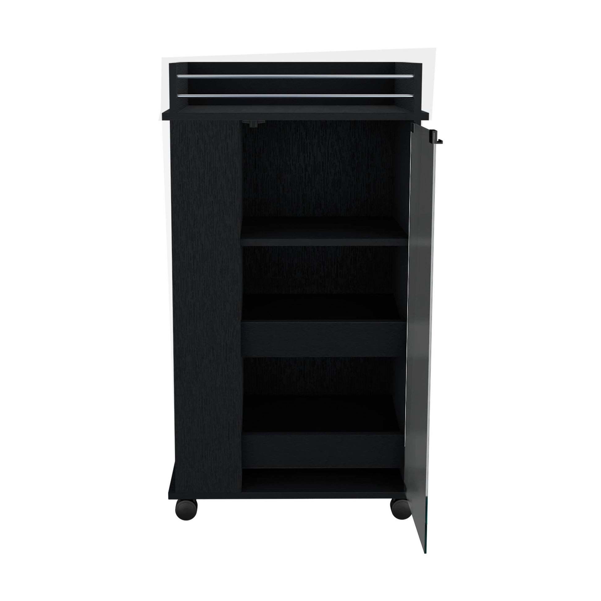 Bar Cart with Glass Door, 2-Side Shelves and Casters, Black image 3