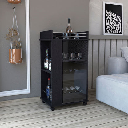 Bar Cart with Glass Door, 2-Side Shelves and Casters, Black image 1