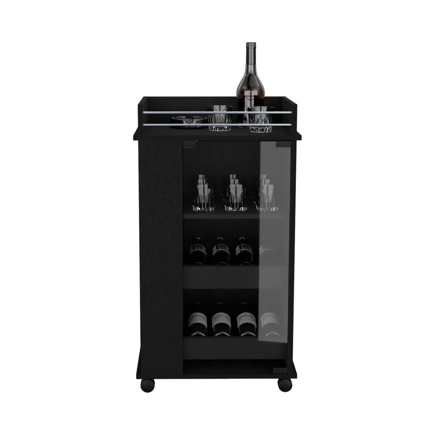 Bar Cart with Glass Door, 2-Side Shelves and Casters, Black image 4