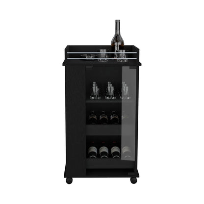 Bar Cart with Glass Door, 2-Side Shelves and Casters, Black image 4