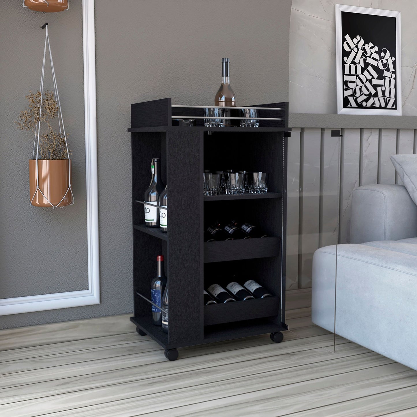 Bar Cart with Glass Door, 2-Side Shelves and Casters, Black image 2