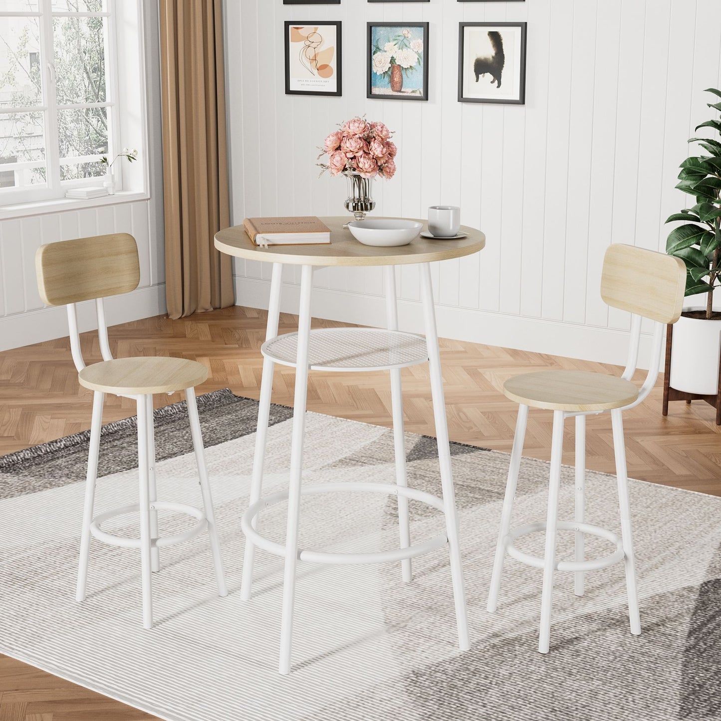 Bar table set with two foldable stools and backrests in white oak finish