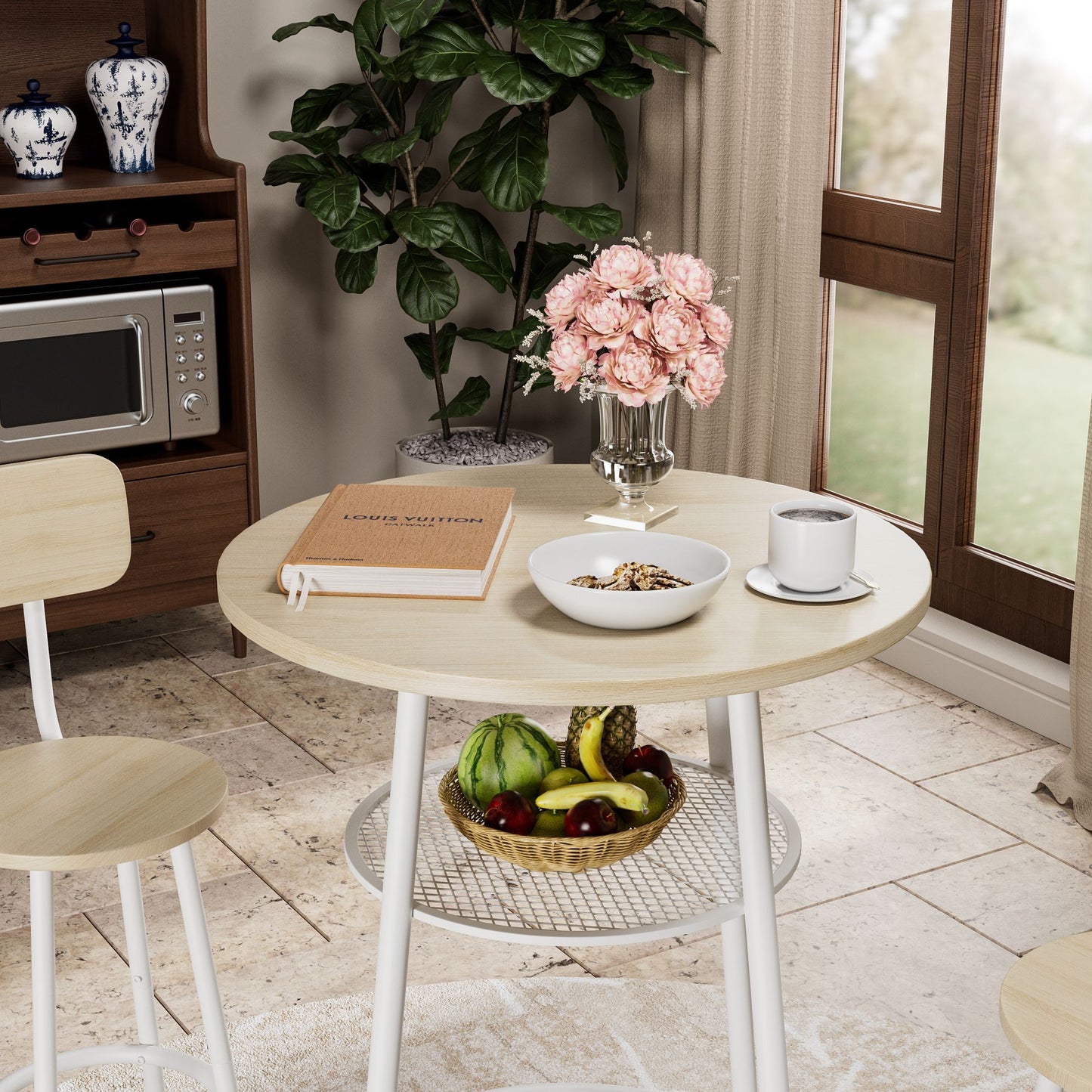 Bar table set with stools, top view showing wood grain