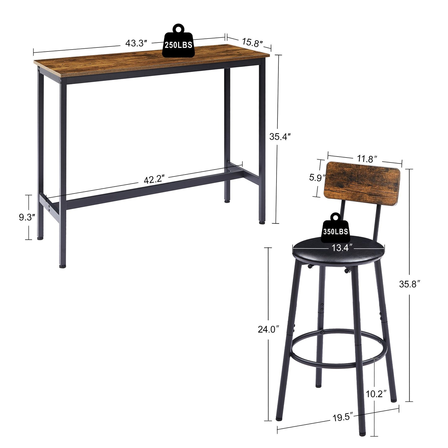 Bar Table Set with 2 Bar stools PU Soft seat with backrest, Rustic Brown, 43.31'' L x 15.75'' W x 35.43'' H. image 7