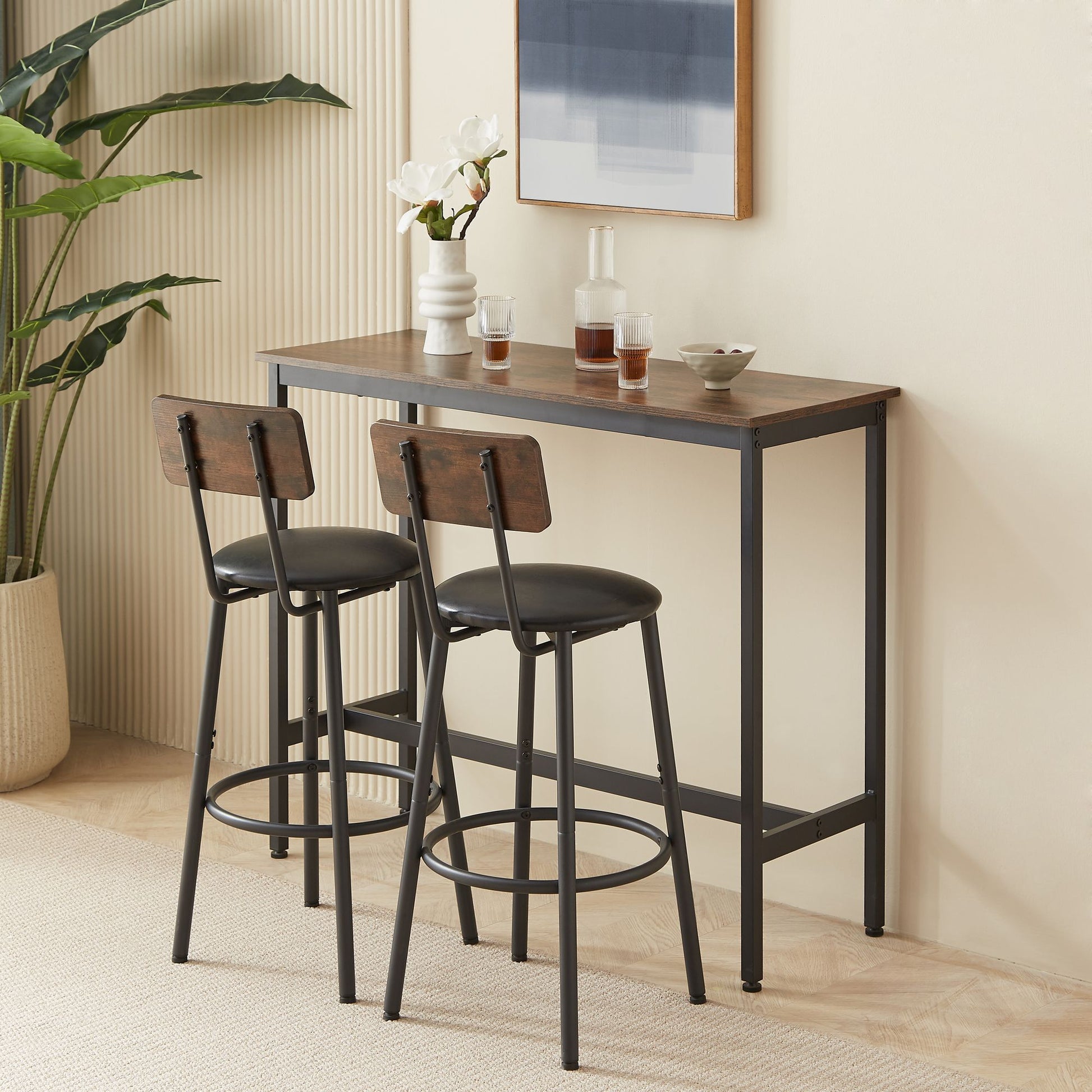 Bar Table Set with 2 Bar stools PU Soft seat with backrest, Rustic Brown, 43.31'' L x 15.75'' W x 35.43'' H. image 3
