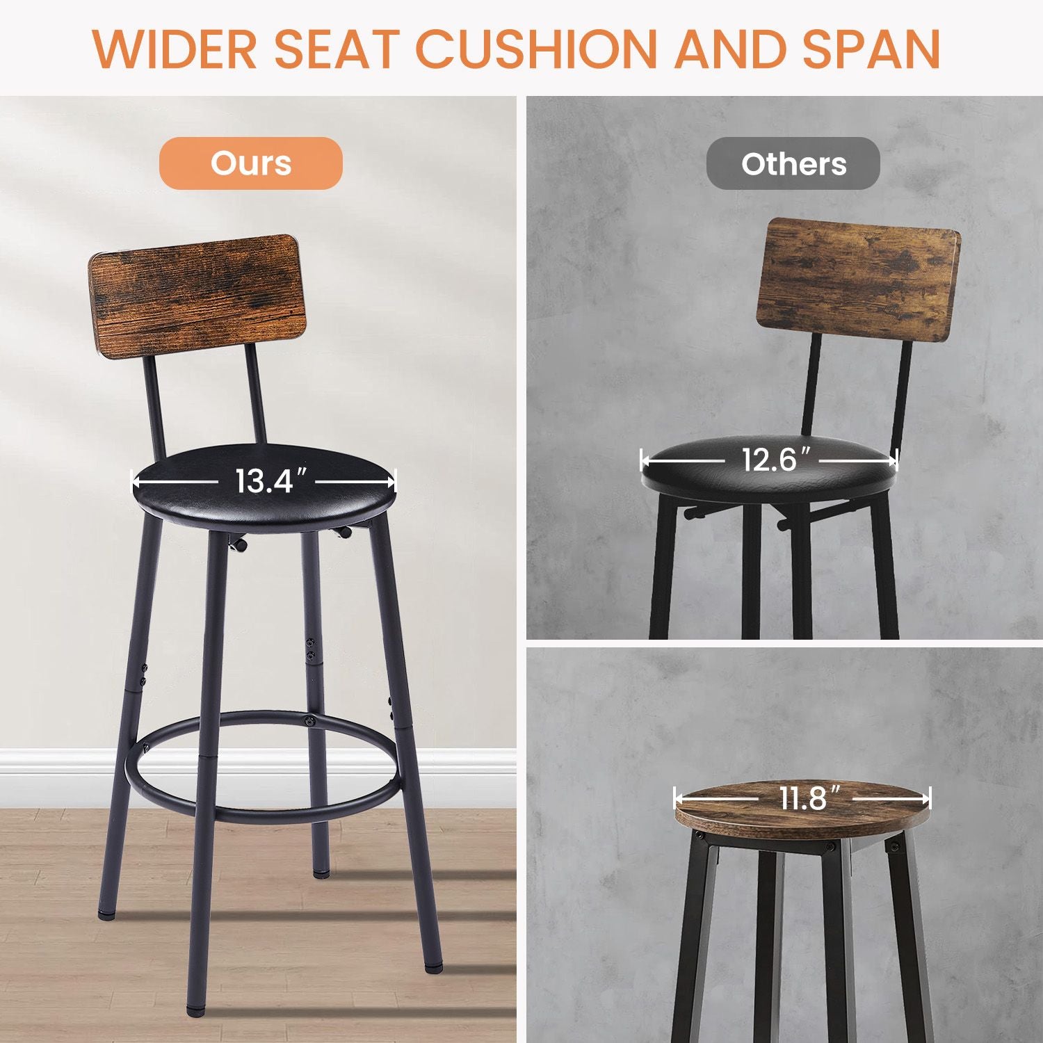 Bar Table Set with 2 Bar stools PU Soft seat with backrest, Rustic Brown, 43.31'' L x 15.75'' W x 35.43'' H. image 14