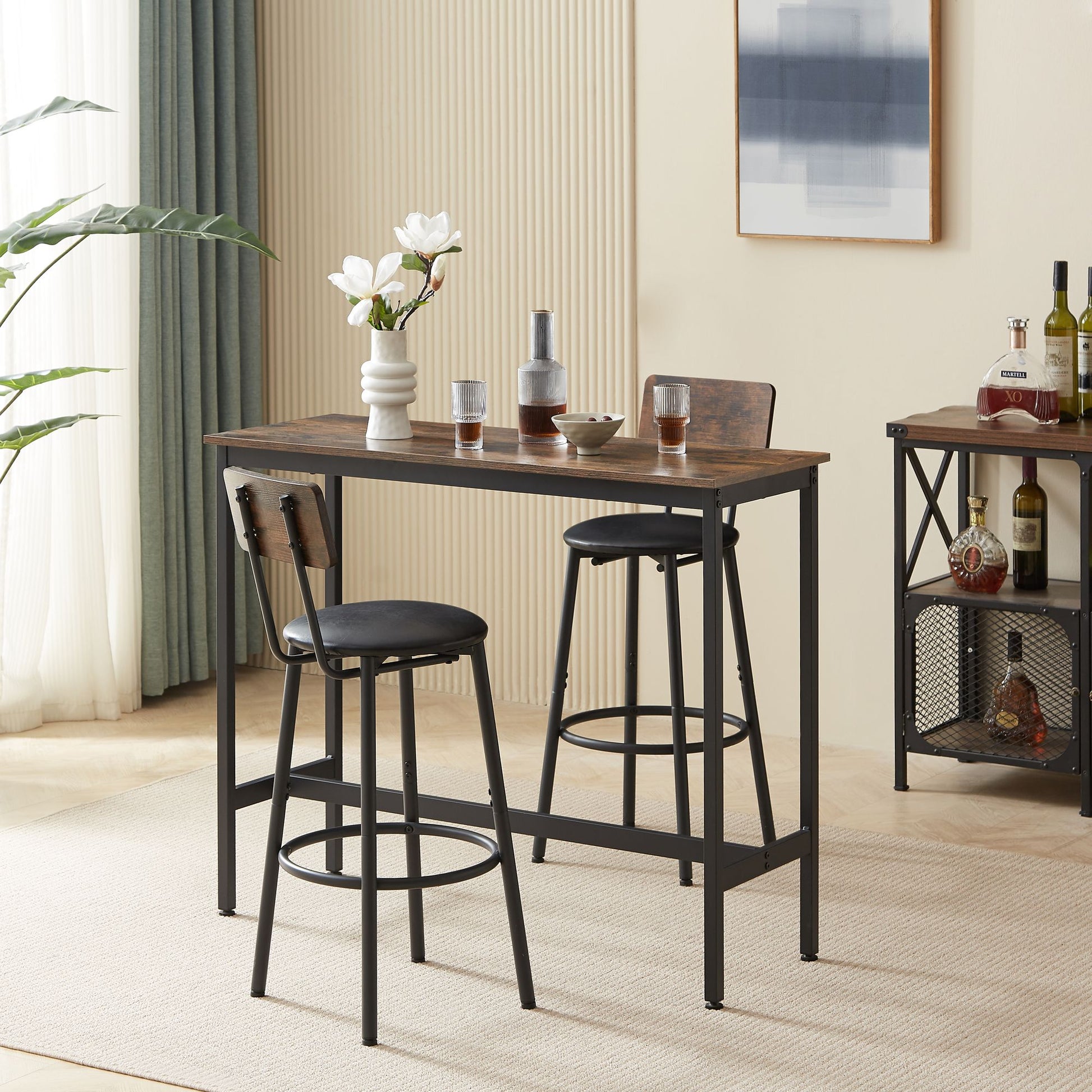 Bar Table Set with 2 Bar stools PU Soft seat with backrest, Rustic Brown, 43.31'' L x 15.75'' W x 35.43'' H. image 5