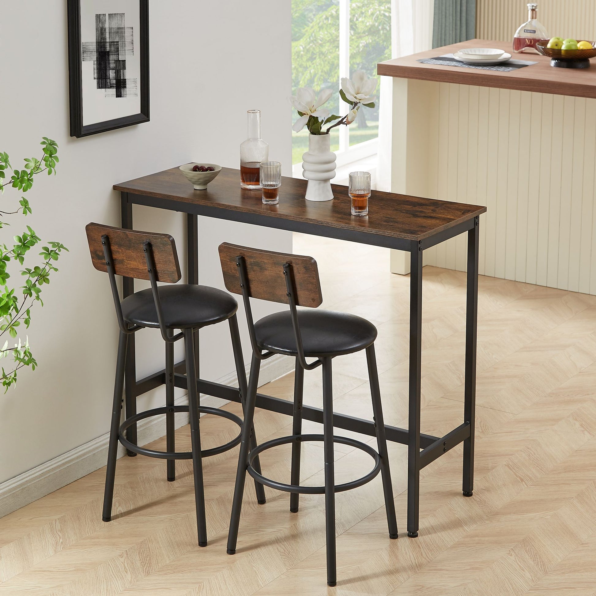 Bar Table Set with 2 Bar stools PU Soft seat with backrest, Rustic Brown, 43.31'' L x 15.75'' W x 35.43'' H. image 4