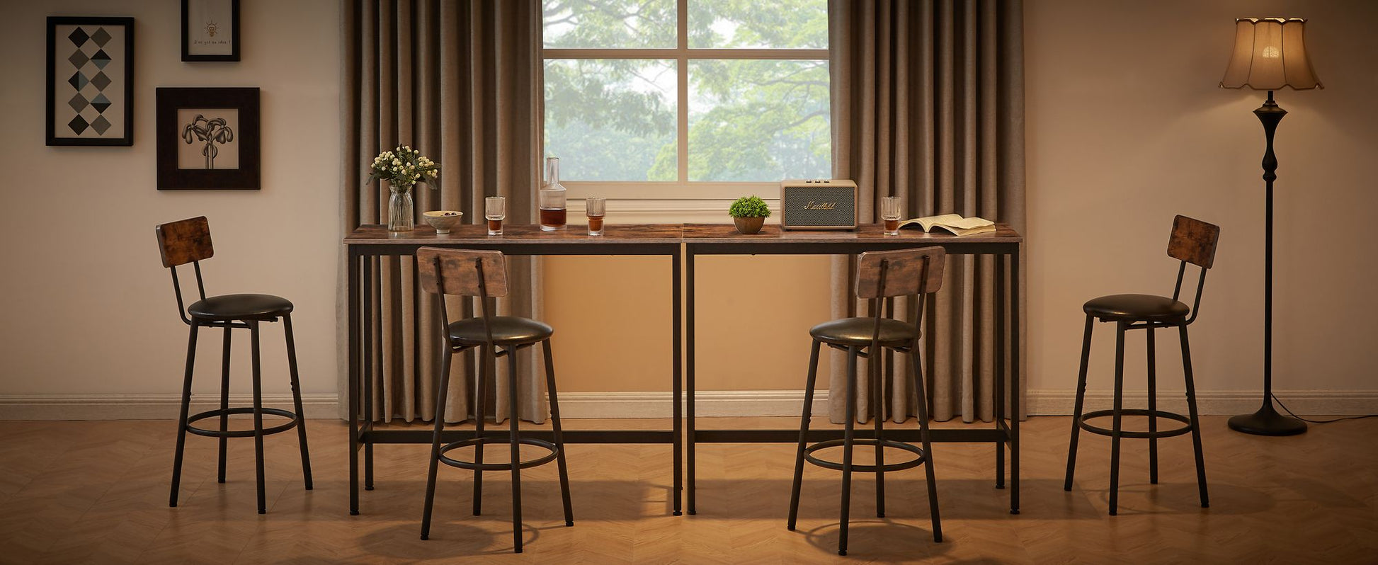 Bar Table Set with 2 Bar stools PU Soft seat with backrest, Rustic Brown, 43.31'' L x 15.75'' W x 35.43'' H. image 6