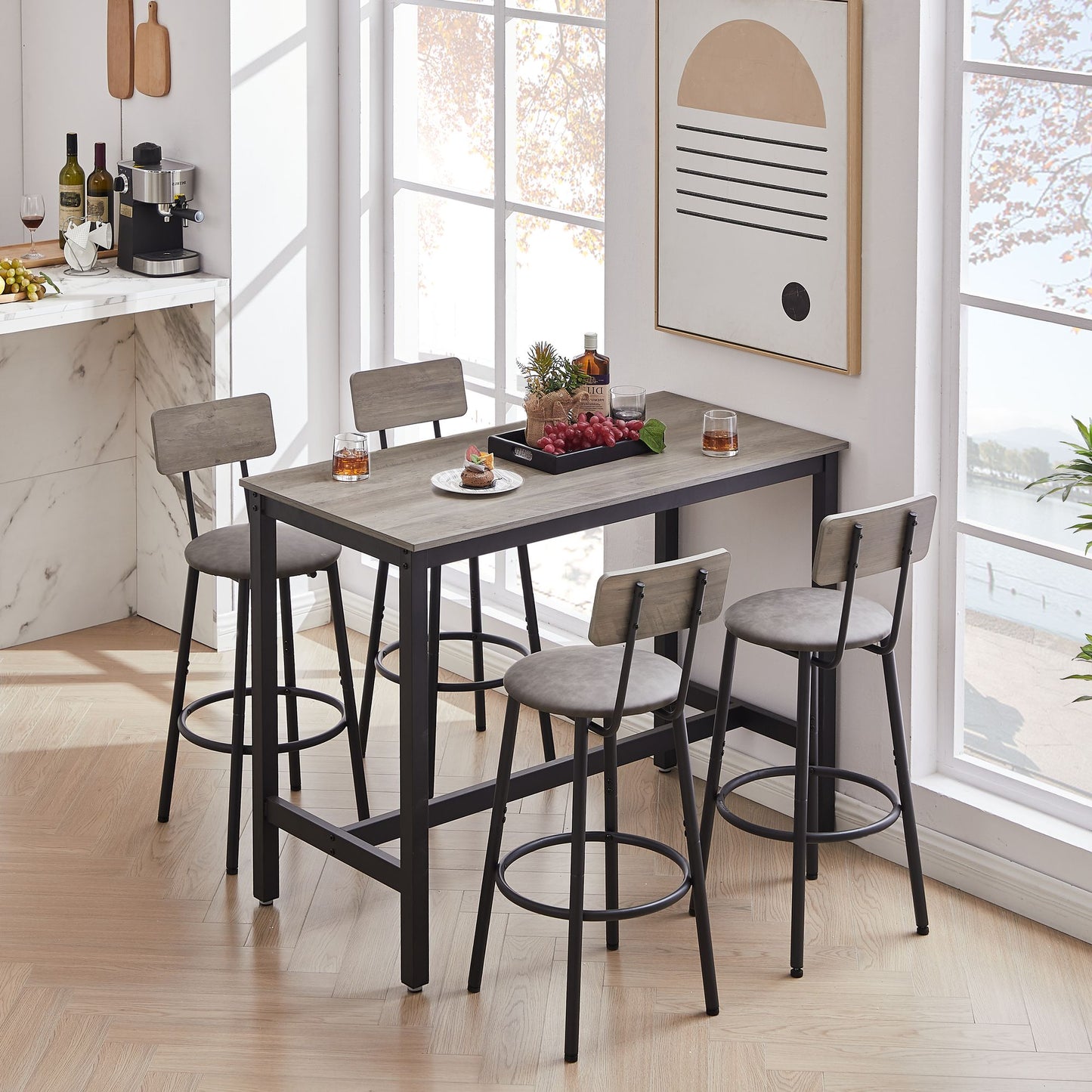 Bar table set with stools pulled out, side view