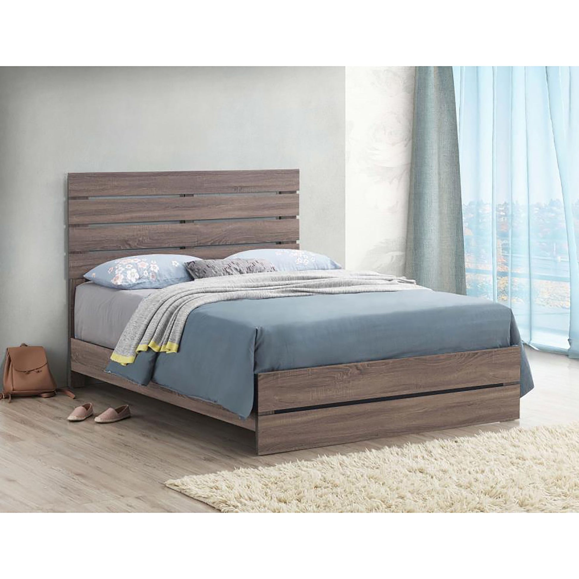 Barrel Oak Slatted Headboard Queen Panel Bed image 1