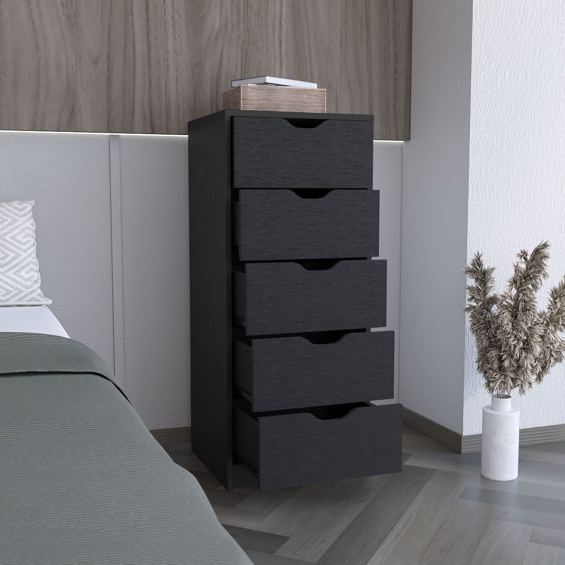 Basilea 5 Drawers Tall Dresser Black - Angle View