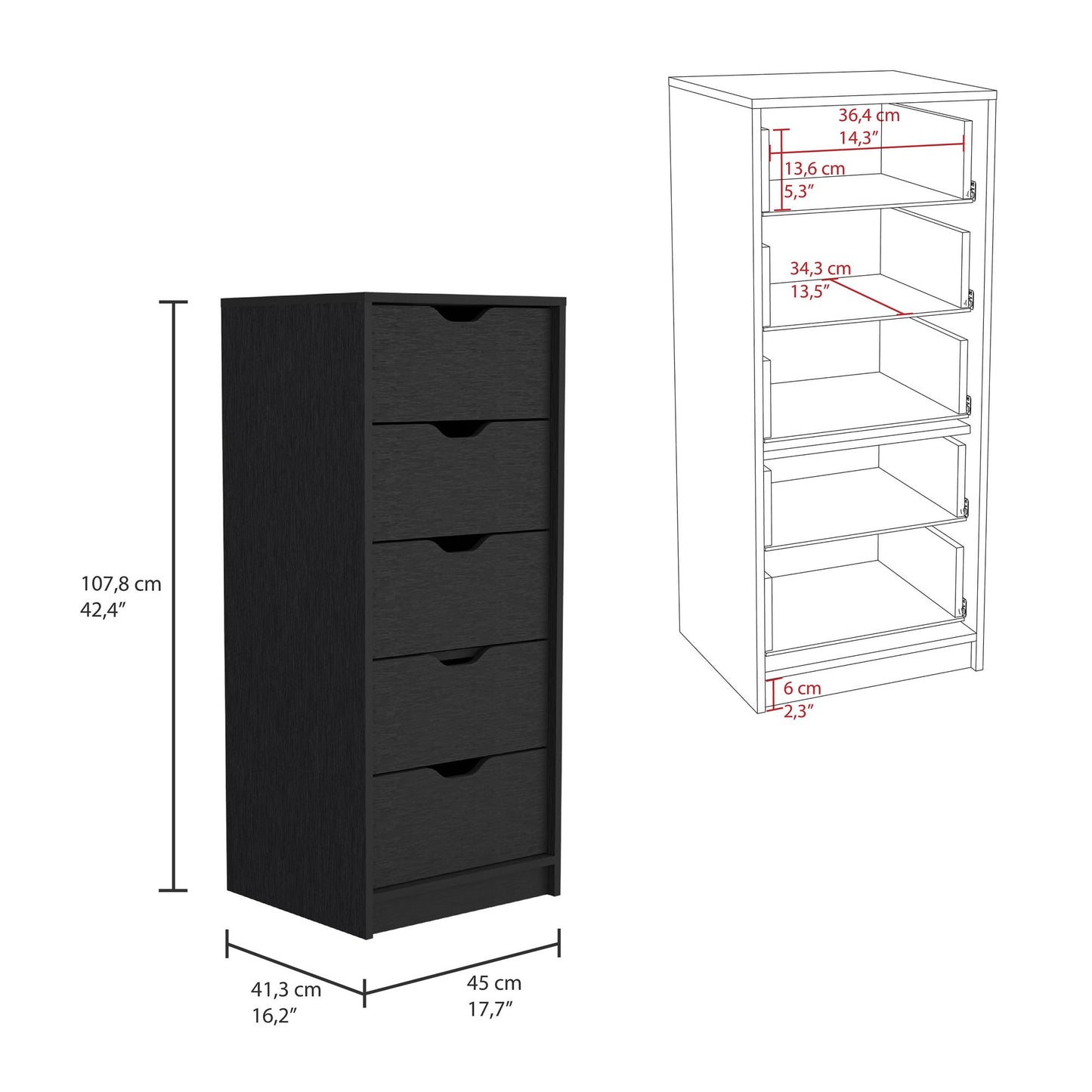 Basilea 5 Drawers Tall Dresser Black - Drawer Open