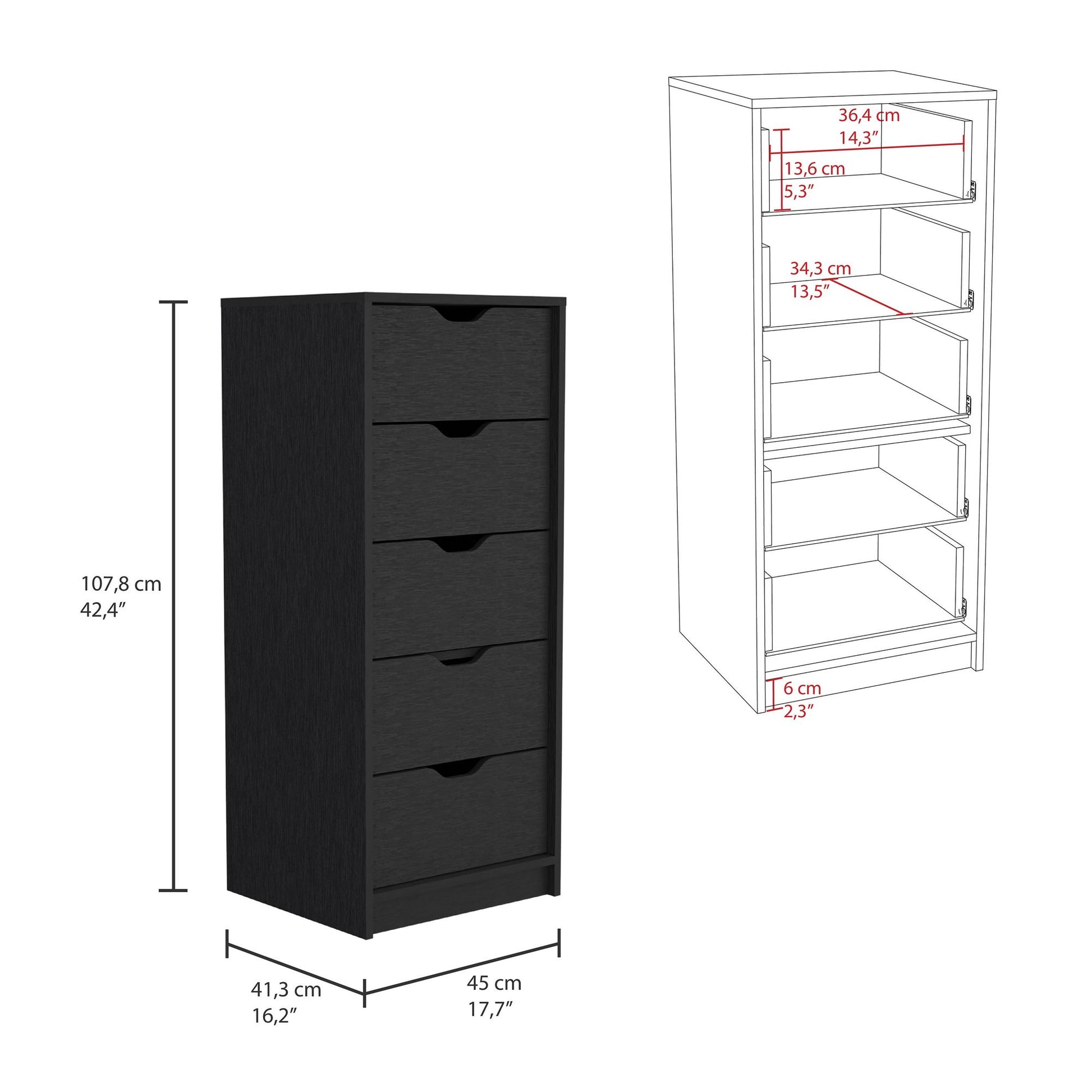 Basilea 5 Drawers Tall Dresser Black - Drawer Open