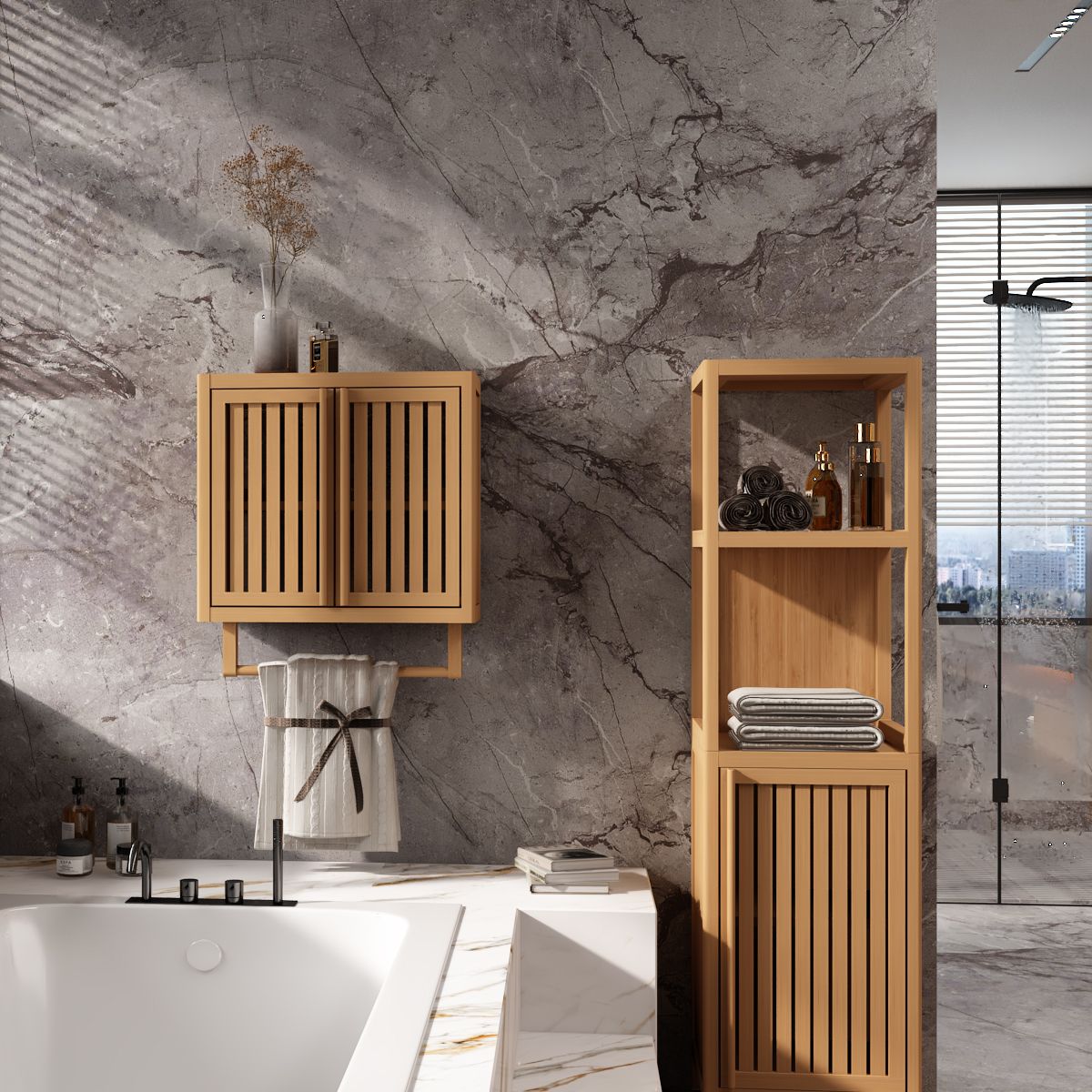 Bathroom cabinet wall mounted Bamboo toilet storage box image 2