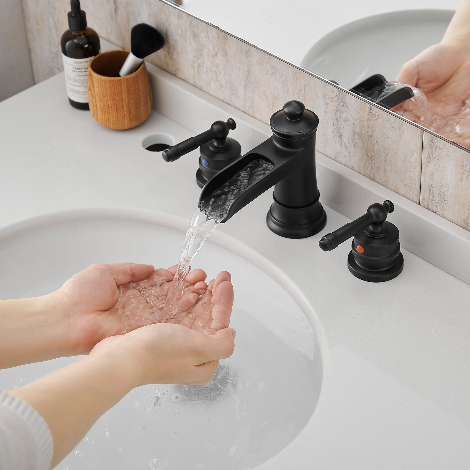 Bathroom Faucets for Sink 3 Hole Black 8 inch Widespread Bathroom Sink Faucet with Pop Up Drain Double Lever Handle Fauc image 1