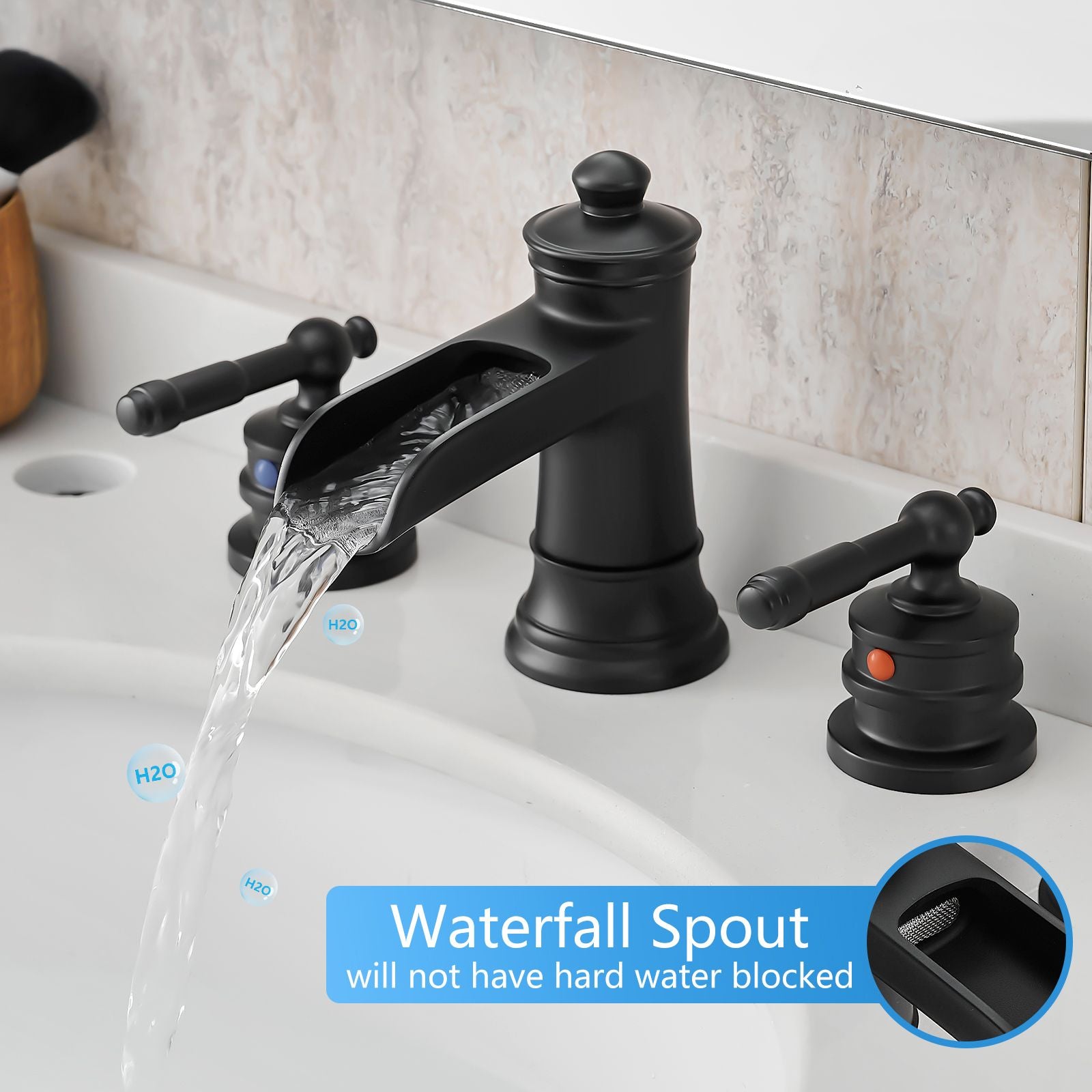 Bathroom Faucets for Sink 3 Hole Black 8 inch Widespread Bathroom Sink Faucet with Pop Up Drain Double Lever Handle Fauc image 4