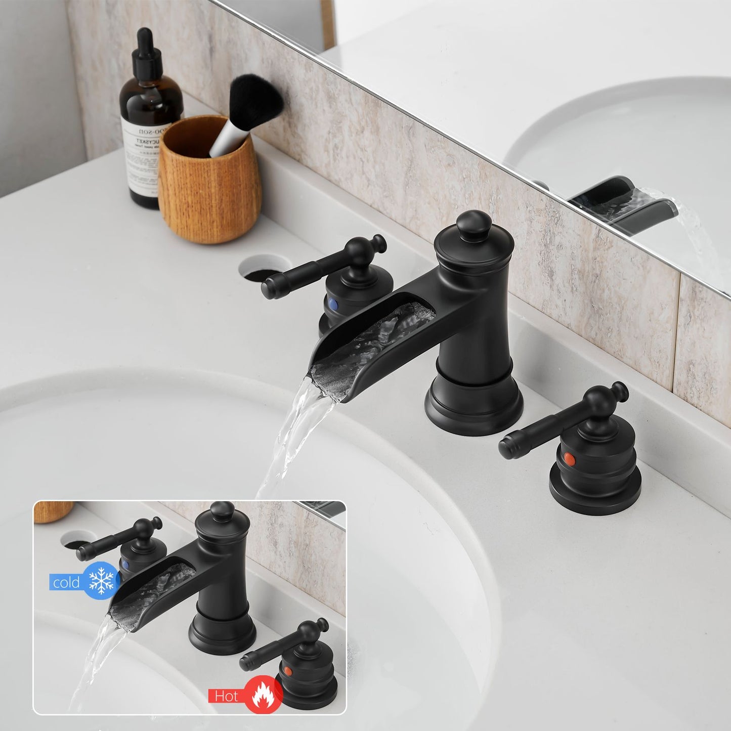 Bathroom Faucets for Sink 3 Hole Black 8 inch Widespread Bathroom Sink Faucet with Pop Up Drain Double Lever Handle Fauc image 3