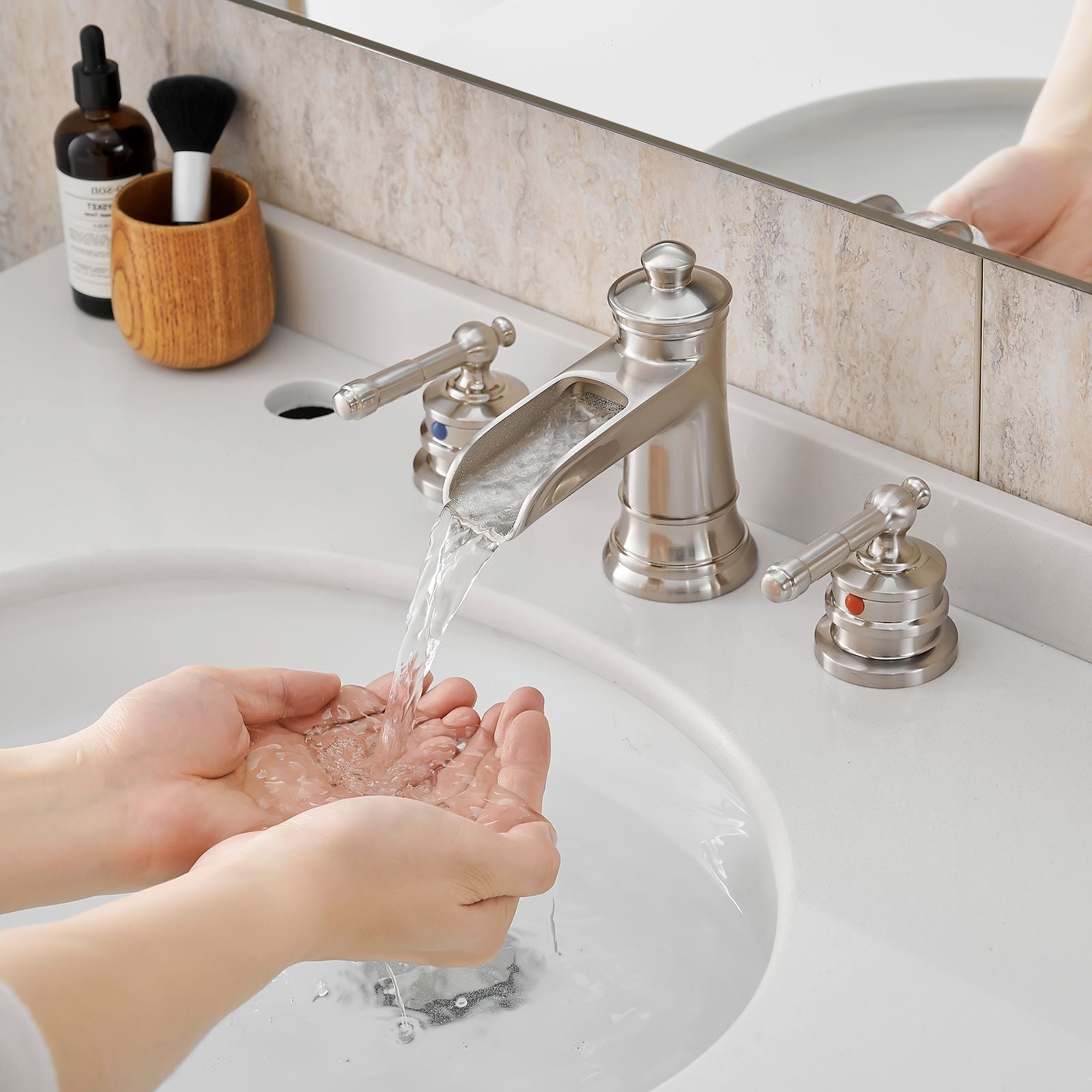Bathroom Faucets for Sink 3 Hole Brushed Nickel 8 inch Widespread Bathroom Sink Faucet with Pop Up Drain Double Lever Ha image 1