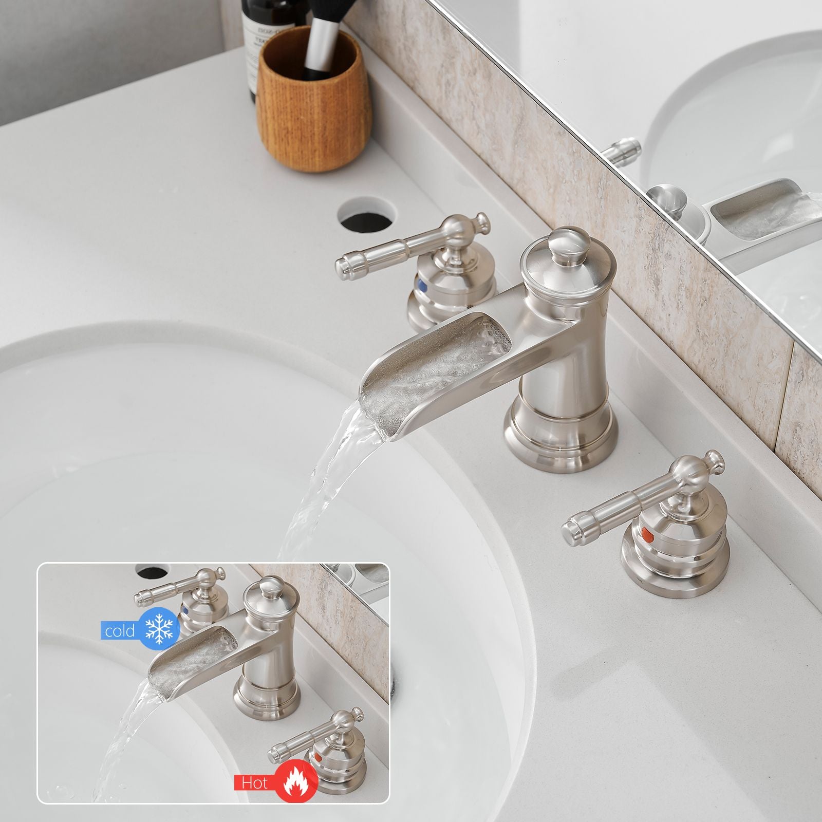 Bathroom Faucets for Sink 3 Hole Brushed Nickel 8 inch Widespread Bathroom Sink Faucet with Pop Up Drain Double Lever Ha image 4
