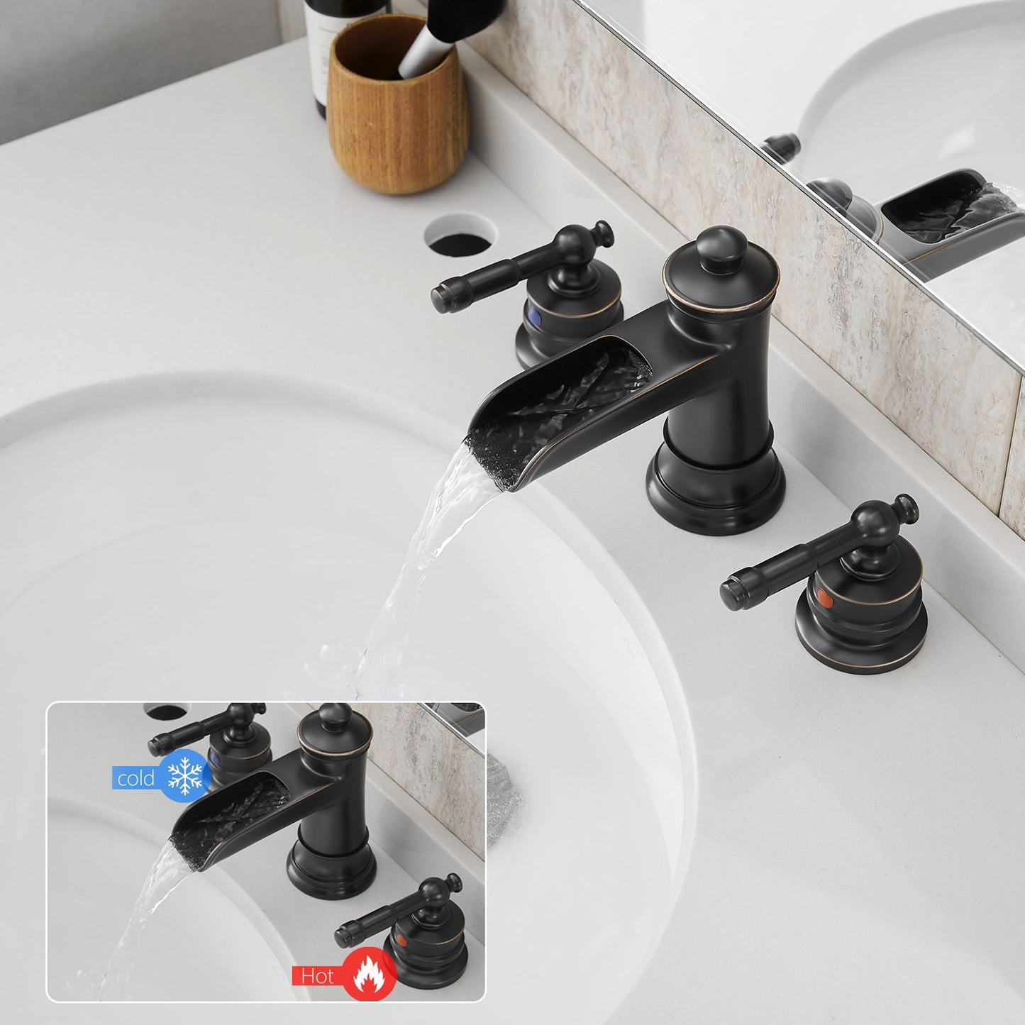 Bathroom Faucets for Sink 3 Hole ORB 8 inch Widespread Bathroom Sink Faucet with Pop Up Drain Double Lever Handle Faucet image 3