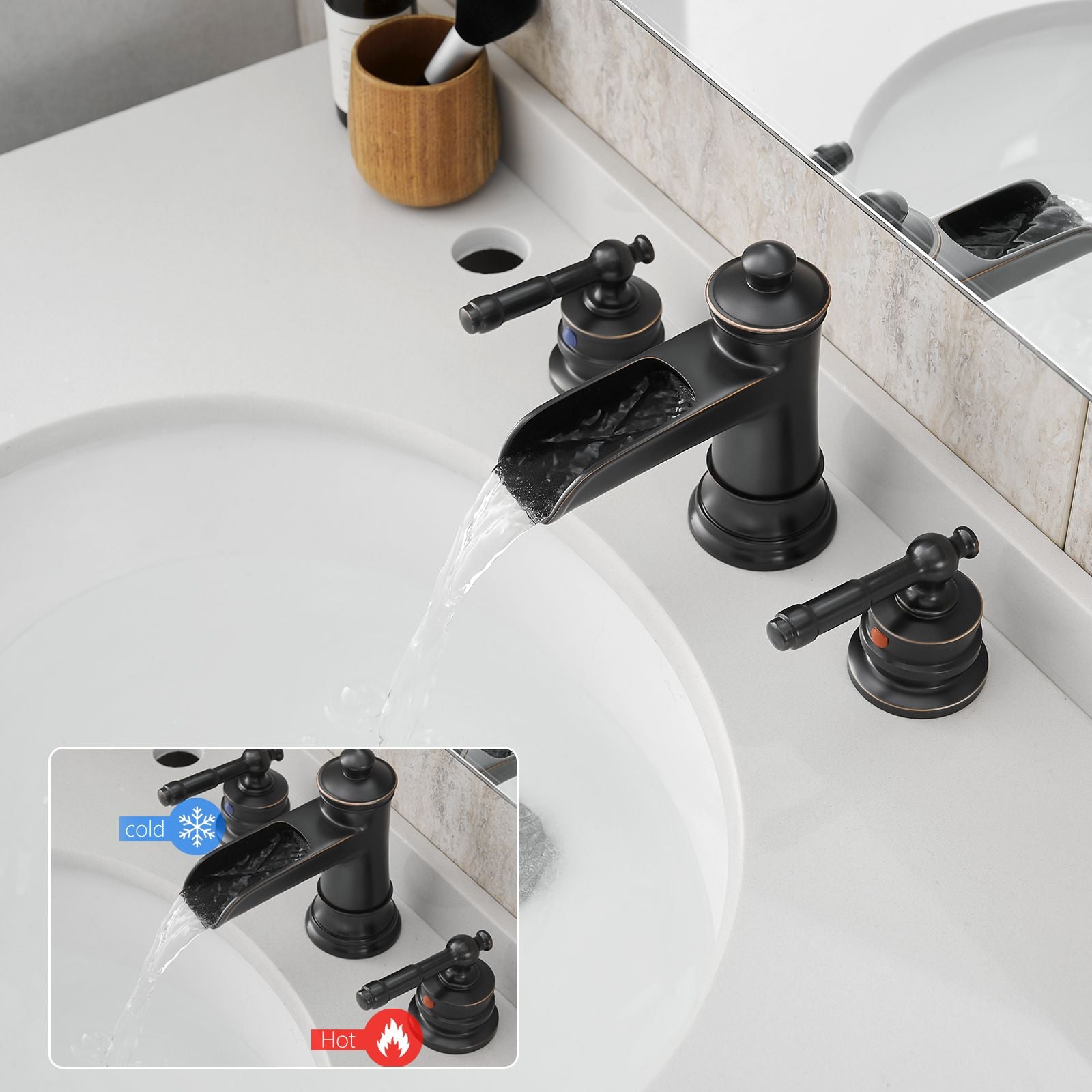 Bathroom Faucets for Sink 3 Hole ORB 8 inch Widespread Bathroom Sink Faucet with Pop Up Drain Double Lever Handle Faucet image 3