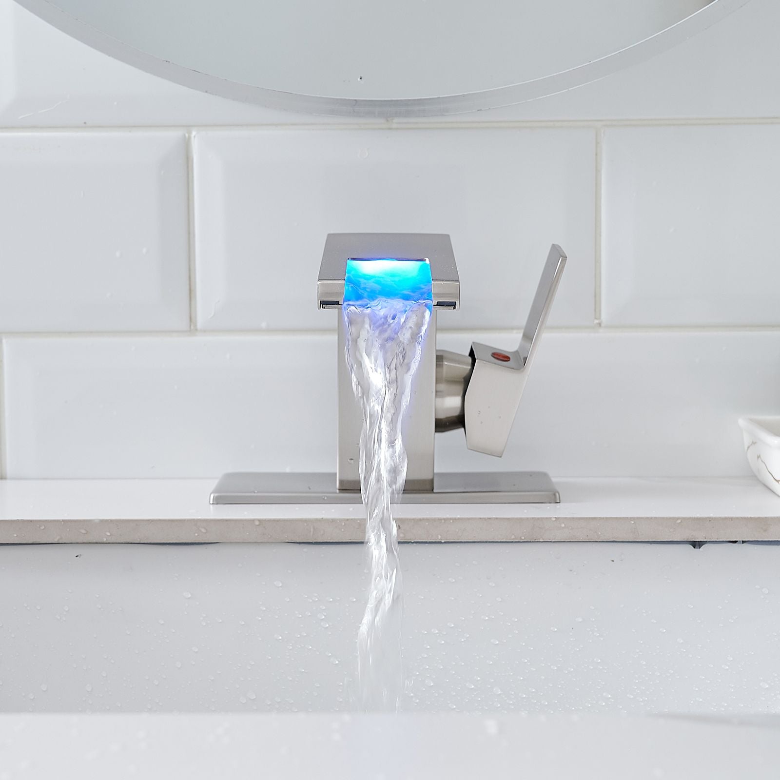 Bathroom Sink Faucet LED Light 3 Colors Changing Waterfall Glass Spout Hot Cold Water Mixer Single Handle One Hole Deck  image 4