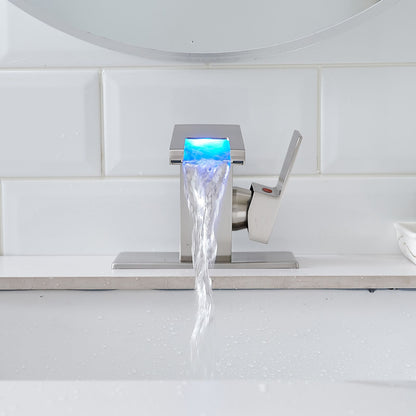 Bathroom Sink Faucet LED Light 3 Colors Changing Waterfall Glass Spout Hot Cold Water Mixer Single Handle One Hole Deck  image 4