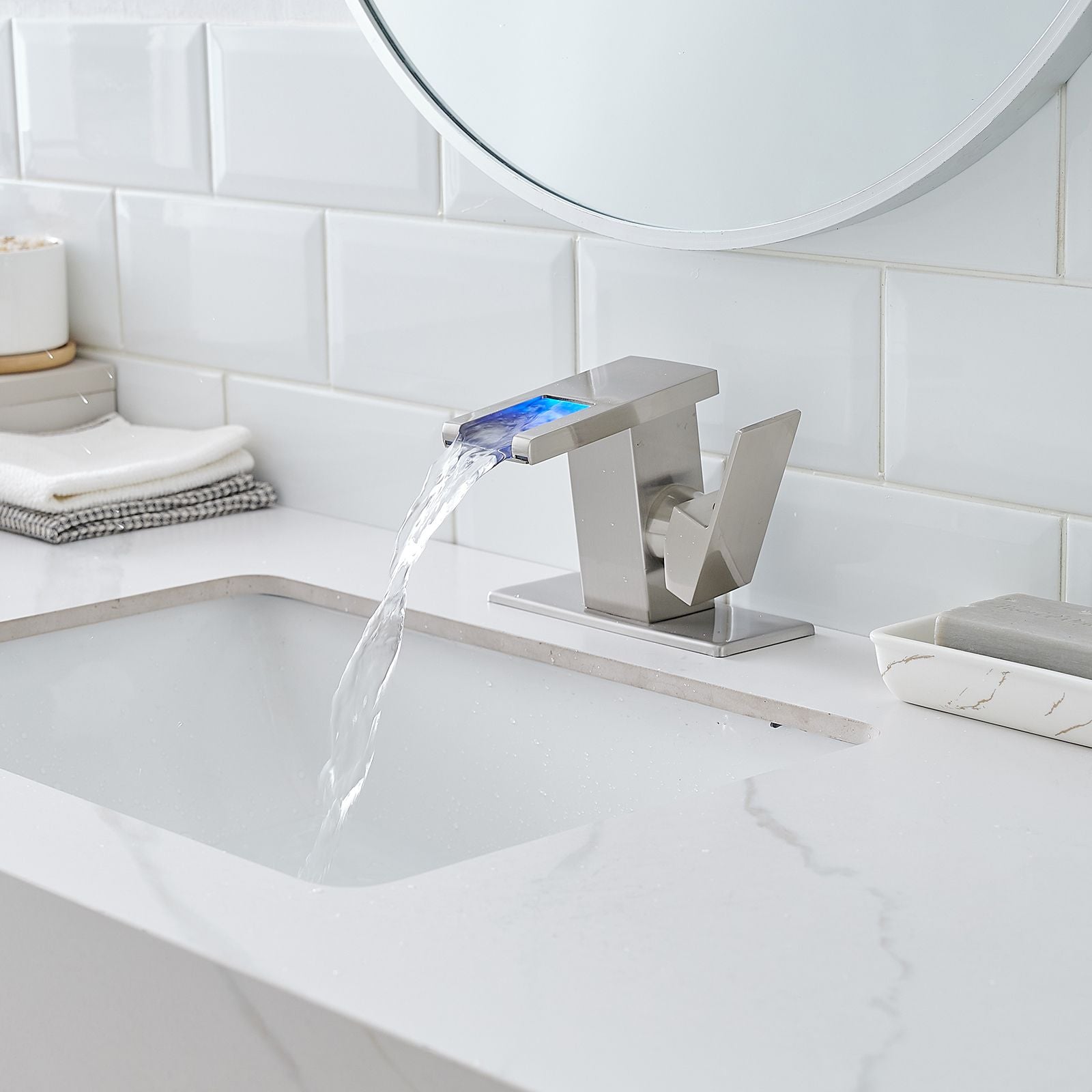 Bathroom Sink Faucet LED Light 3 Colors Changing Waterfall Glass Spout Hot Cold Water Mixer Single Handle One Hole Deck  image 7