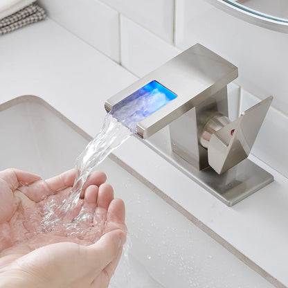 Bathroom Sink Faucet LED Light 3 Colors Changing Waterfall Glass Spout Hot Cold Water Mixer Single Handle One Hole Deck  image 9