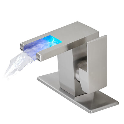 Bathroom Sink Faucet LED Light 3 Colors Changing Waterfall Glass Spout Hot Cold Water Mixer Single Handle One Hole Deck  image 2