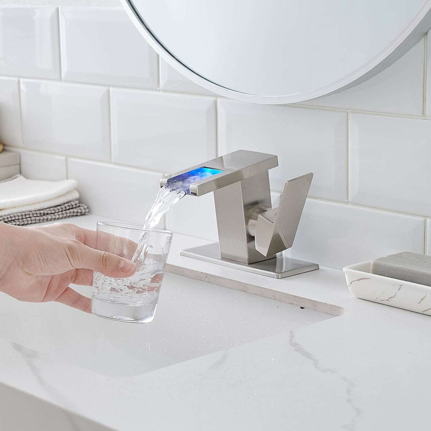 Bathroom Sink Faucet LED Light 3 Colors Changing Waterfall Glass Spout Hot Cold Water Mixer Single Handle One Hole Deck  image 8