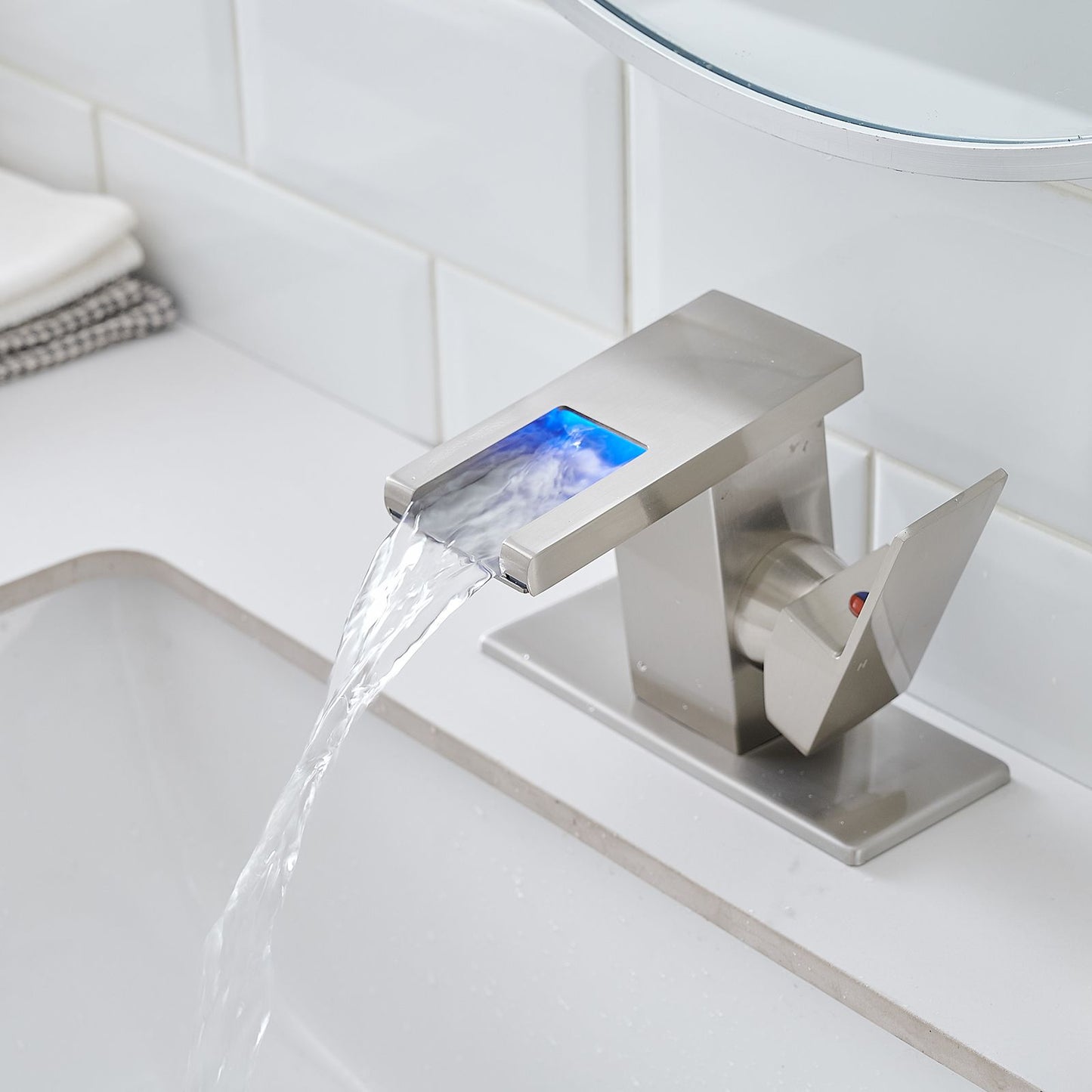 Bathroom Sink Faucet LED Light 3 Colors Changing Waterfall Glass Spout Hot Cold Water Mixer Single Handle One Hole Deck  image 6