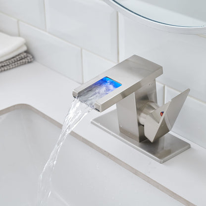 Bathroom Sink Faucet LED Light 3 Colors Changing Waterfall Glass Spout Hot Cold Water Mixer Single Handle One Hole Deck  image 6