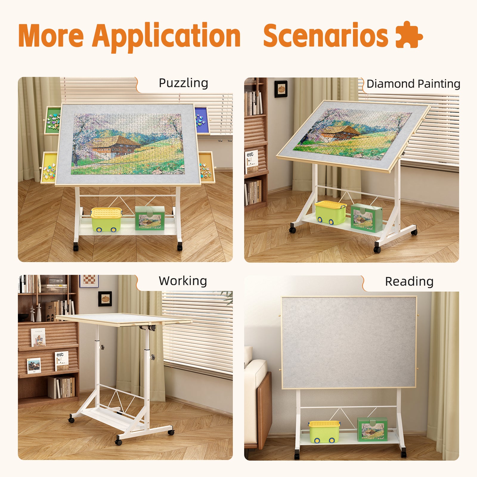 (WHITE) Wooden 1500 Piece Puzzle Table with Drawer, 35"*27.17" Adjustable Puzzle Table, 360° Tilting Puzzle Table with Legs and Wheels, Adjustable Height and Angle, with Protective Cover image 3