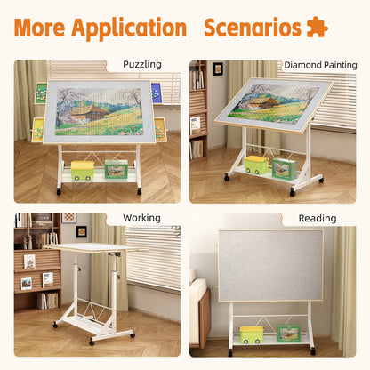(WHITE) Wooden 1500 Piece Puzzle Table with Drawer, 35"*27.17" Adjustable Puzzle Table, 360° Tilting Puzzle Table with Legs and Wheels, Adjustable Height and Angle, with Protective Cover image 3