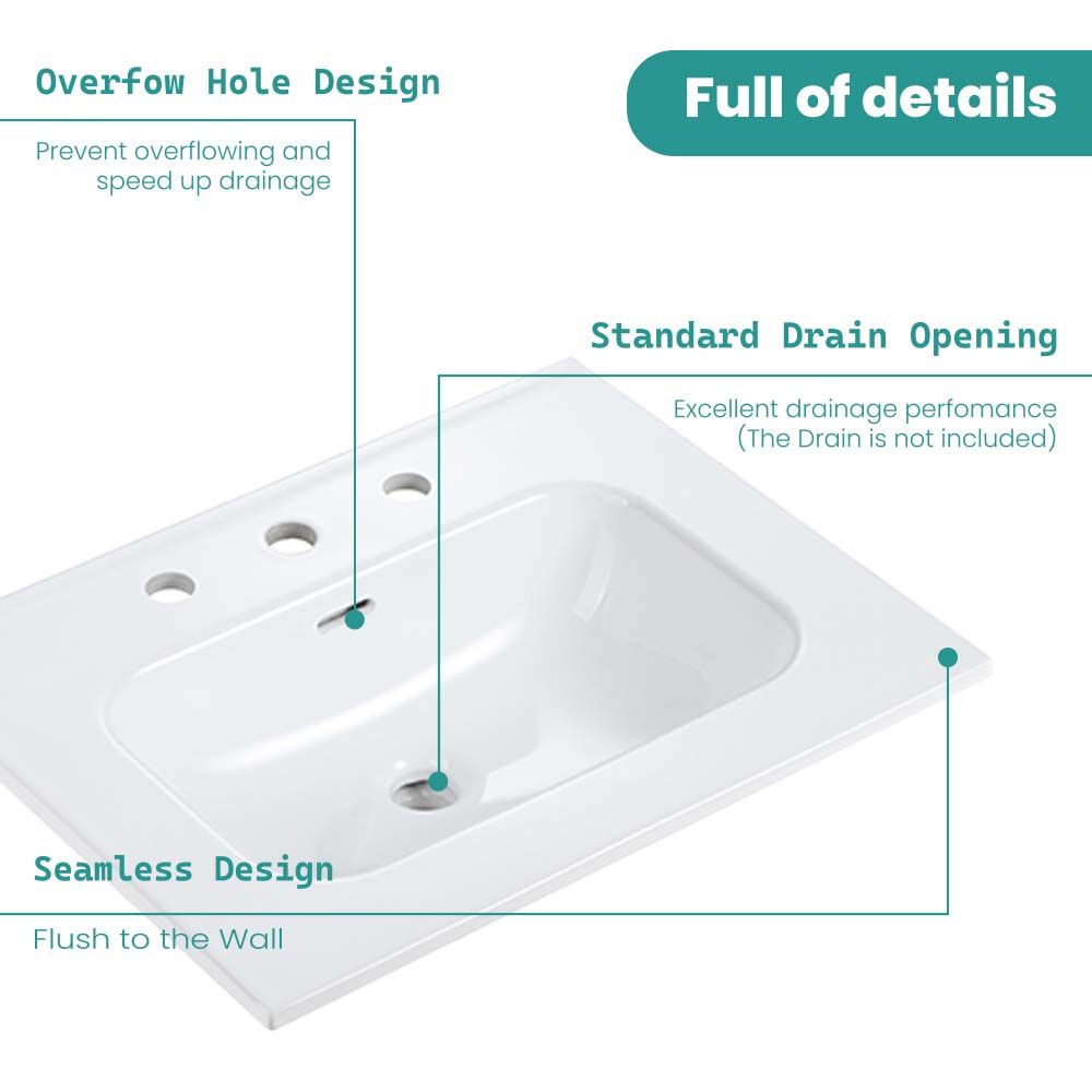 BB0924Y331, Integrated white ceramic basin with three predrilled faucet holes, drain assembly NOT included image 6