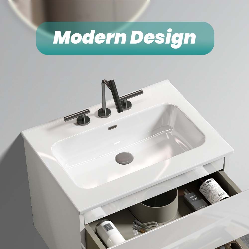 BB0924Y331, Integrated white ceramic basin with three predrilled faucet holes, drain assembly NOT included image 2