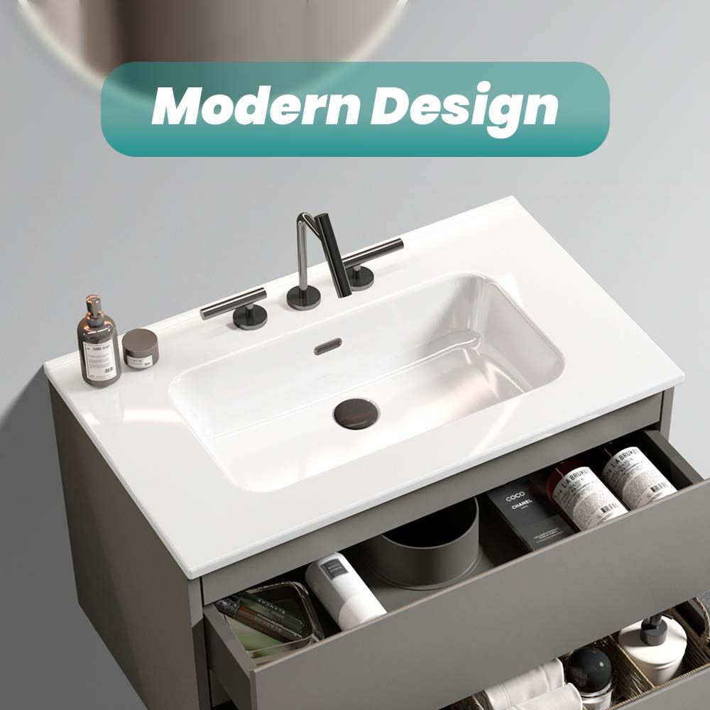 BB0930Y331, Integrated white ceramic basin with three predrilled faucet holes, faucet and drain assembly NOT included image 2