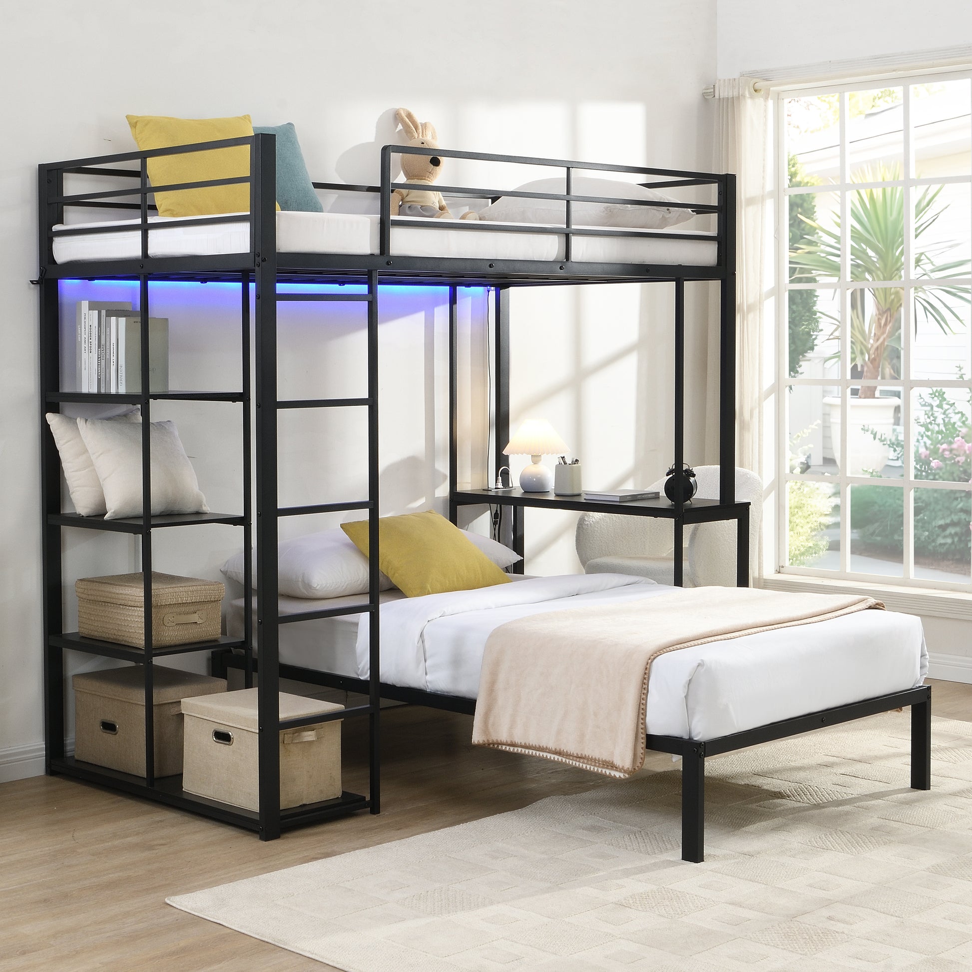 Metal Loft Bed Frame with LED Light Strip, Side Storage Shelves & Built-in Desk, TWIN/TWIN Size Metal Bunk Bed, Dorm, Apartment, Guest Room image 1