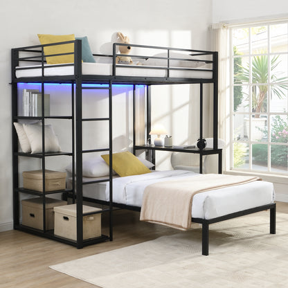 Metal Loft Bed Frame with LED Light Strip, Side Storage Shelves & Built-in Desk, TWIN/TWIN Size Metal Bunk Bed, Dorm, Apartment, Guest Room image 1
