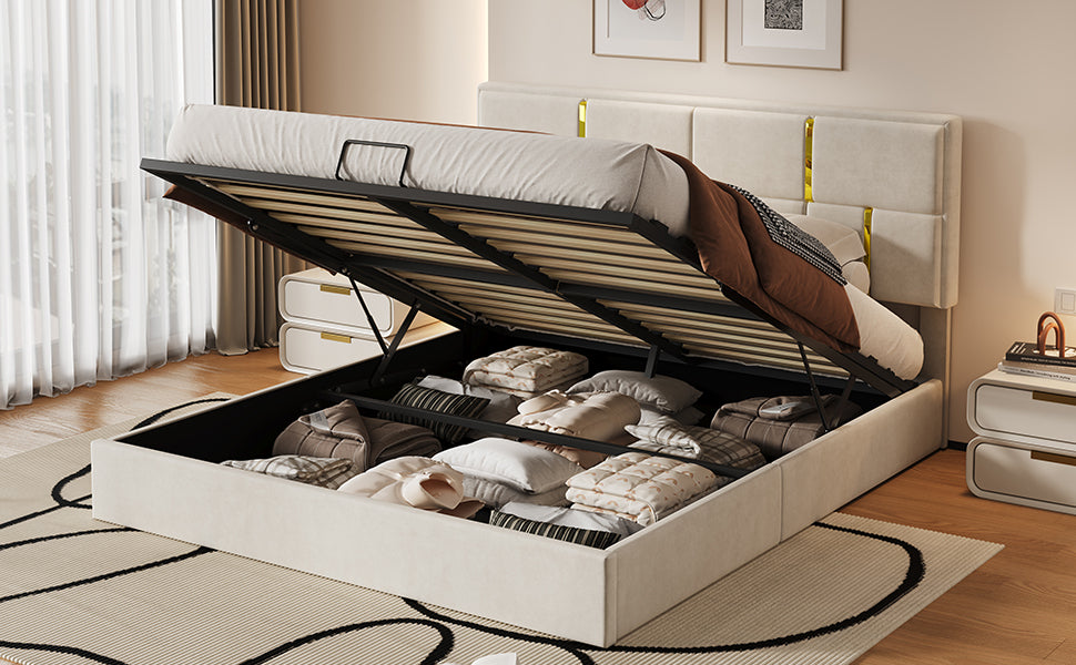Queen Size Upholstered Platform Bed with Hydraulic Storage System,No Box Spring Needed,Beige(Old SKU: N733P207778A) image 8