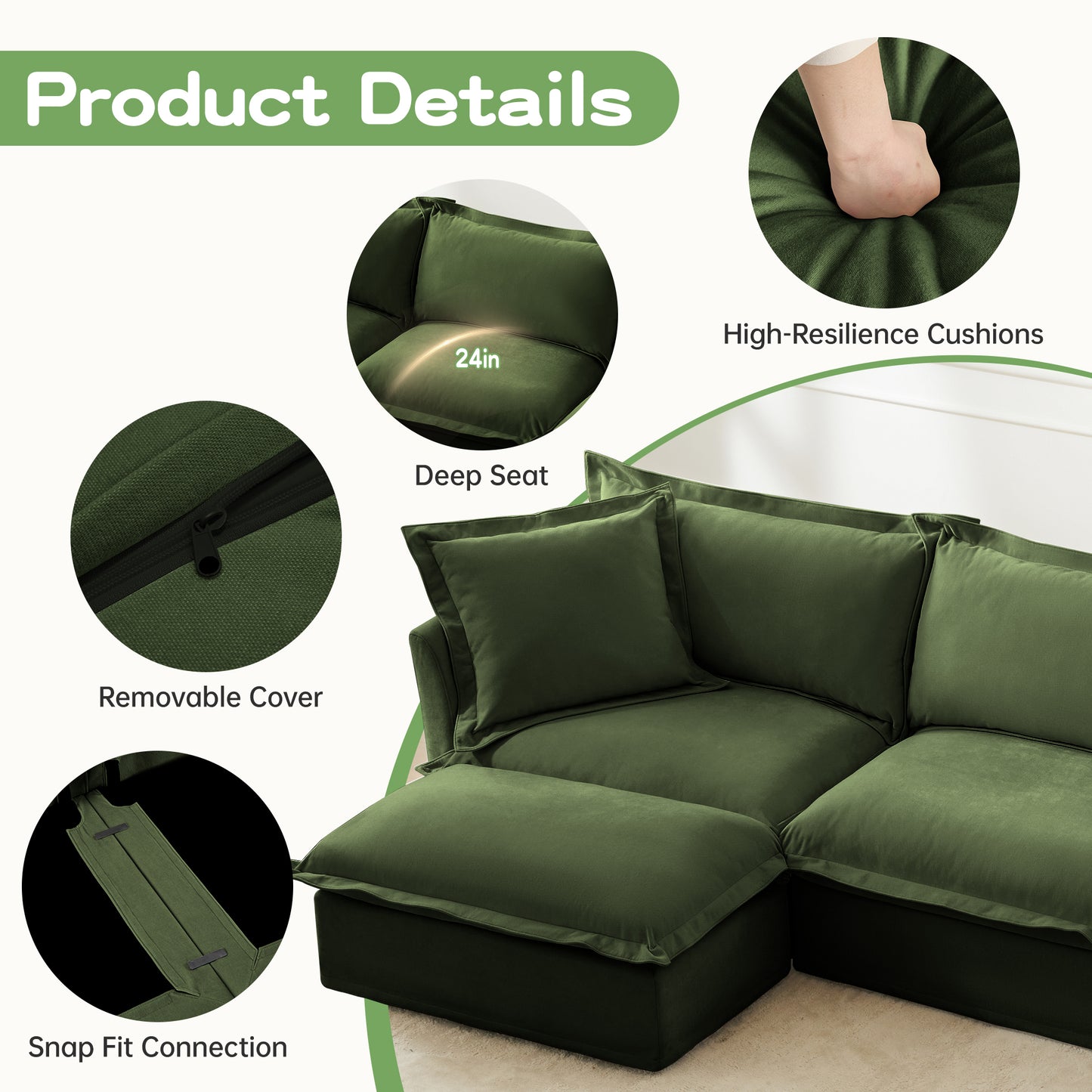 Modern Slipcovered 2-Seat Sofa Couches for Living Room, 2 Seater Sofa, Plain Chenille Deep Seat Sofa with Upholstered Cushion&Detachable Cover, Comfy Sofa Couch for Small Space, Apartment, Green image 6