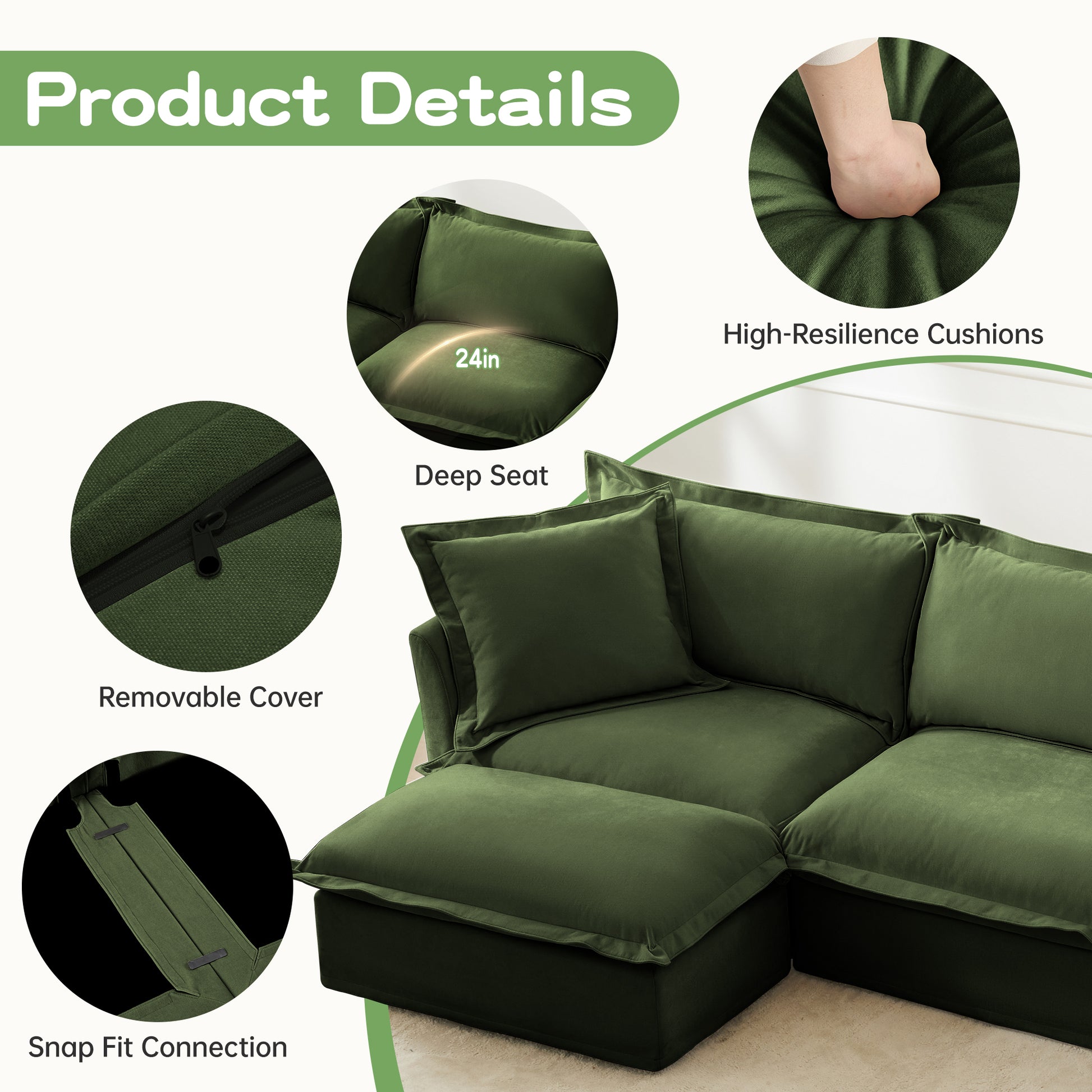 Modern Slipcovered 2-Seat Sofa Couches for Living Room, 2 Seater Sofa, Plain Chenille Deep Seat Sofa with Upholstered Cushion&Detachable Cover, Comfy Sofa Couch for Small Space, Apartment, Green image 6